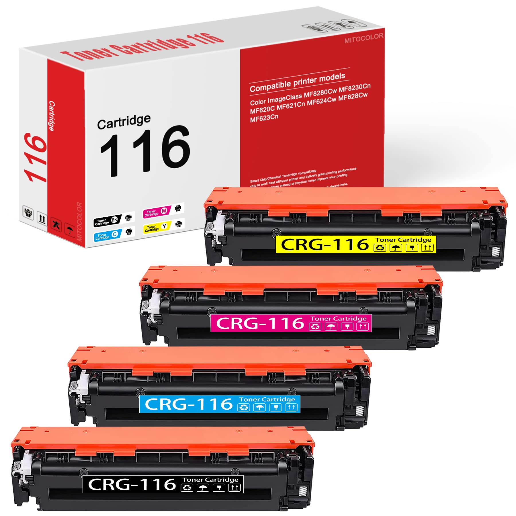 MITOCOLOR Remanufactured Compatible CRG116 Color Toner Cartridge (4-Pack: 1BK+1C+1M+1Y) - Replacement for Canon ImageClass MF623Cn/MF626Cn/LBP5050 Printers | High-Quality Printing for Office Documents, School Projects & Home Use