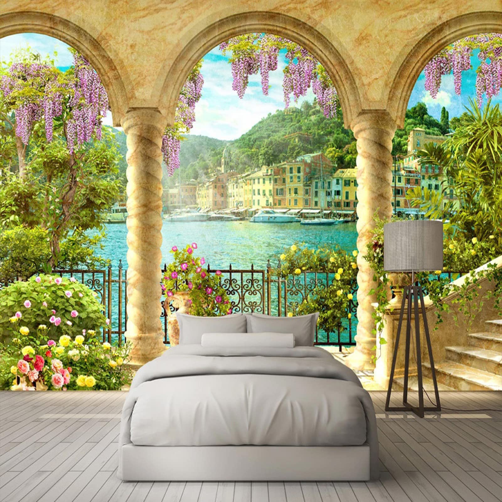 3D Removable Wall Sticker - Pillar Arch Lake View Mountain Town Mural Poster for Playrooms & Activity Rooms | Easy to Assemble Decoration | 137.8x100 inches (WxH) | Perfect for Kids Bedrooms, Nursery, and Home Office Decor