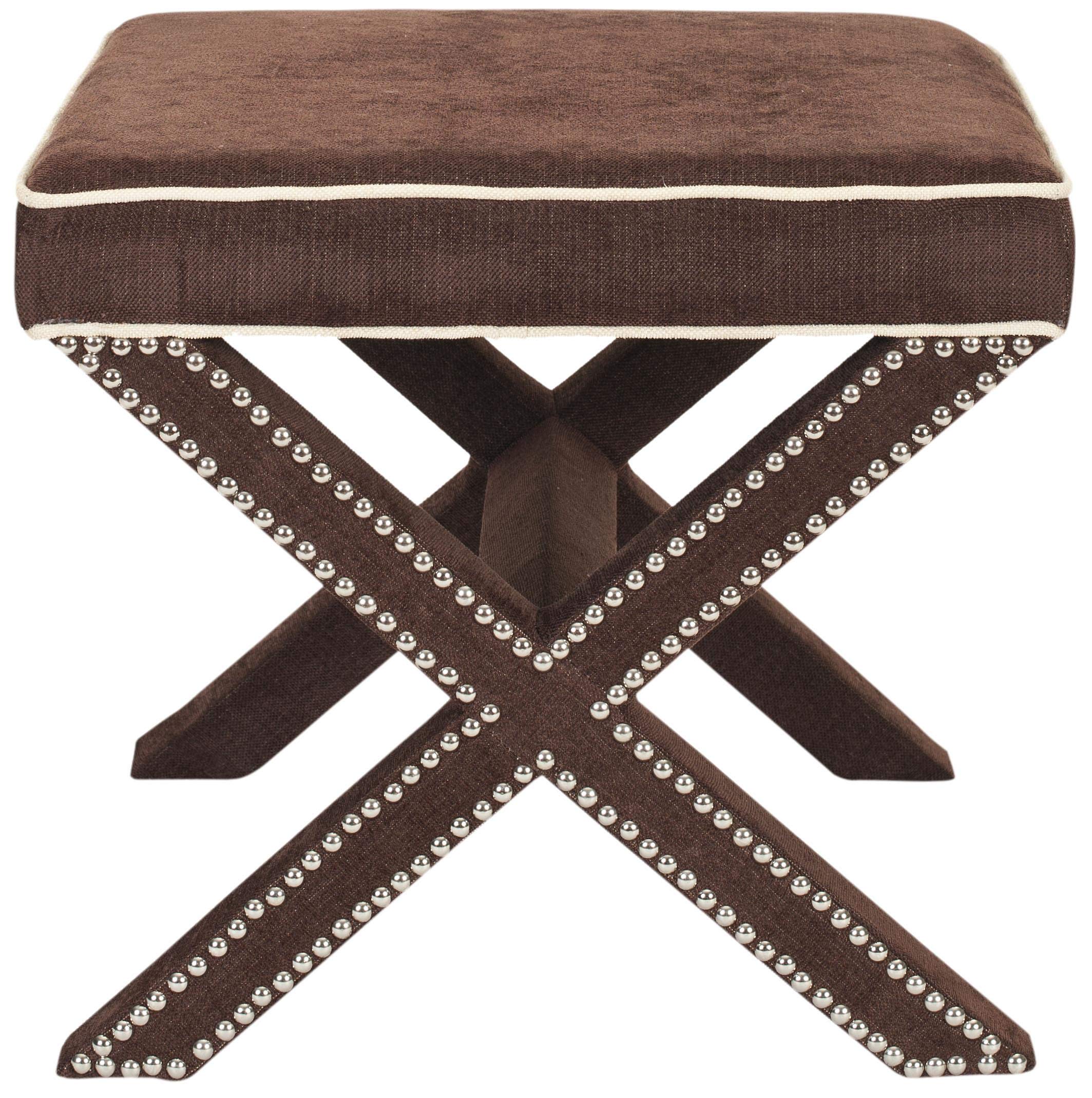 Safavieh Palmer Chocolate Brown X-Bench Ottoman with Silver Nailhead Trim - Stylish Footrest & Extra Seating for Living Room, Bedroom or Entryway
