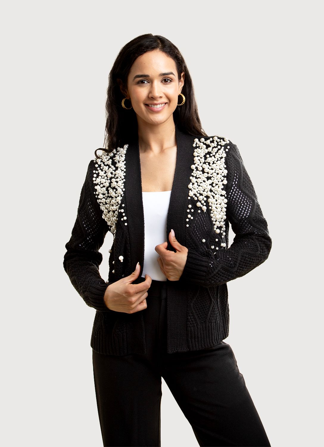 Elegant Pearl Embellished Cardigan for Women - Soft Knit Open Front Sweater - Perfect for Office, Date Night & Special Occasions