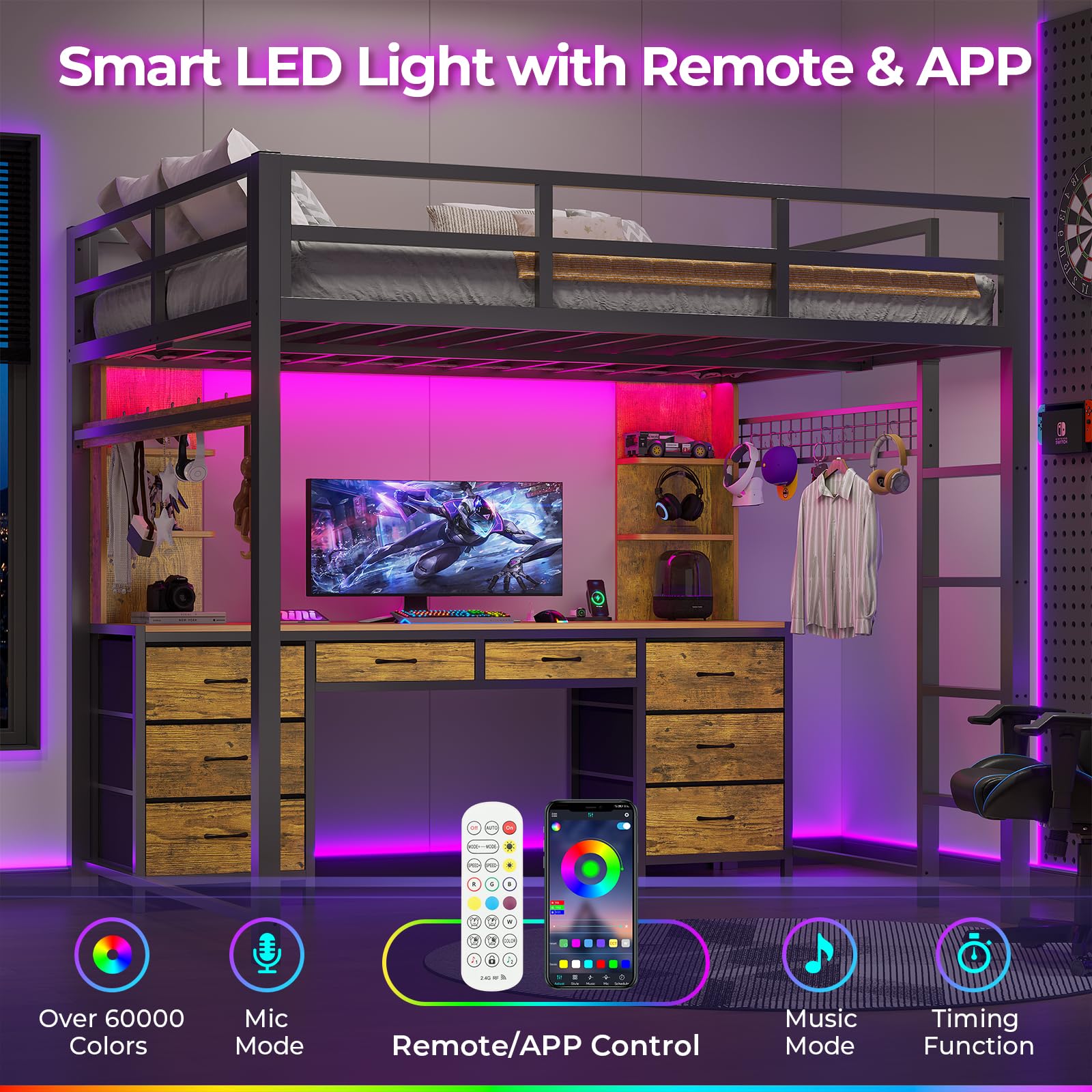 ADORNEVE Full Size Loft Bed with Built-in Desk, 8 Storage Drawers & 6 Shelves - Heavy Duty Metal Frame with LED Lights & USB Charging Station - Space Saving, Noise Free Black Loft Bed for Small Rooms, Dorm, Apartment & Kids Bedroom