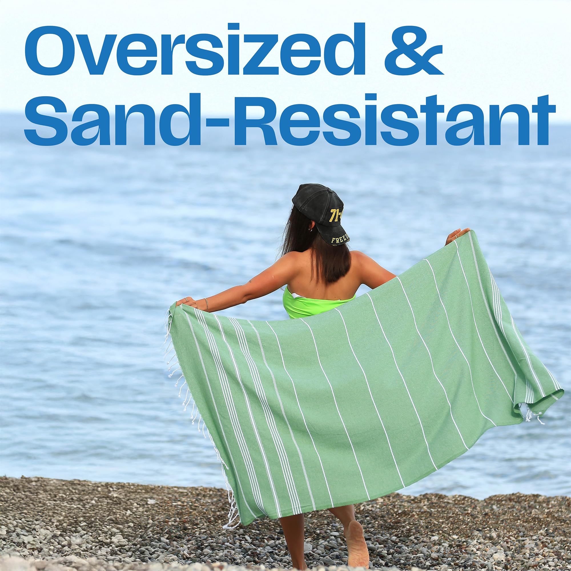 East'N Blue Lina Peshtemal Turkish Cotton Beach Towels - Lightweight, Quick-Dry, Soft & Absorbent 100% Cotton Oversized Towel for Beach, Pool, Gym, Travel | Perfect for Sunbathing, Yoga & Spa Days - Green