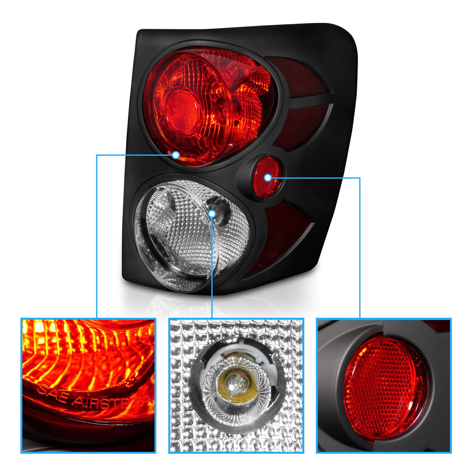 AmeriLite Black 3D Pop-Out LED Brake Tail Lights Replacement Set (Bulbs Included) for 1999-2004 Jeep Grand Cherokee - Left & Right Side - Off-Road & Night Driving Safety Enhancement