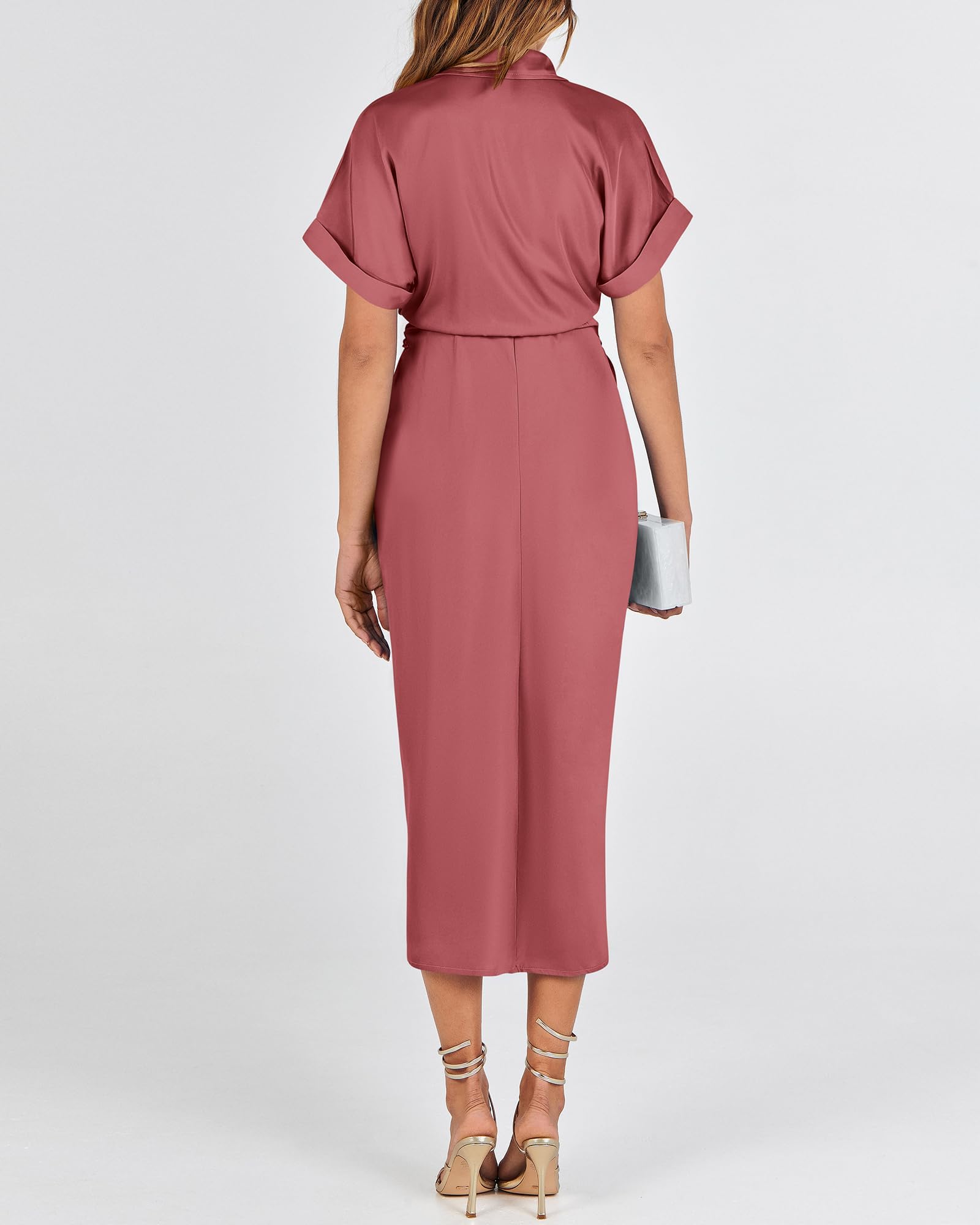 BTFBM 2025 Women's Elegant Ruched Button Down Shirt Dress - Short Sleeve V-Neck Lapel Satin Maxi Dress for Spring Summer, Perfect for Party, Wedding, Cocktail & Formal Occasions