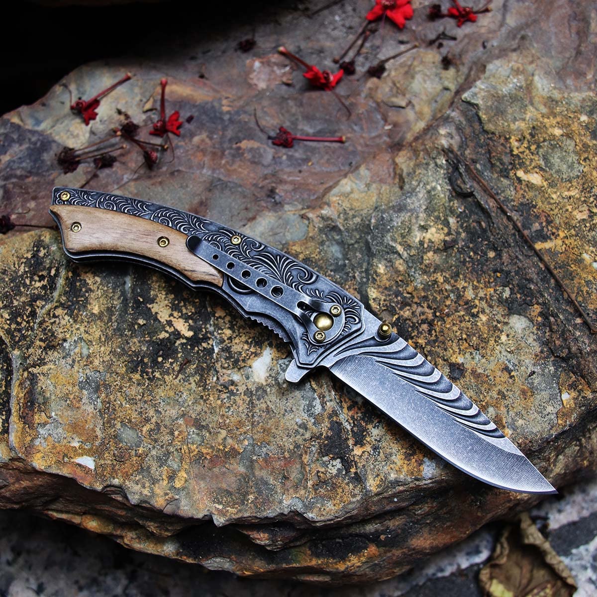 Premium Stainless Steel Foldable Pocket Knife - Stonewash Finish, Compact & Durable for Outdoor Adventures, Hunting, Camping, Survival & Everyday Carry (EDC) - Perfect Gift for Men & Outdoor Enthusiasts