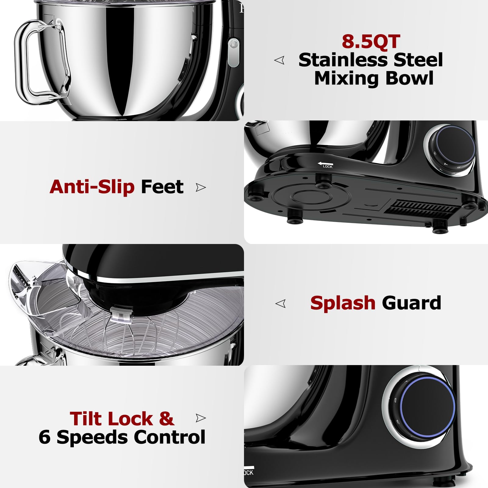 8.5Qt 660W Stand Mixer - 6-Speed Tilt-Head Electric Kitchen Mixer with Dough Hook, Whisk & Beater Attachments - Perfect for Baking Bread, Cookies, Cakes & Kneading Dough - Ideal for Home Bakers & Professional Kitchens