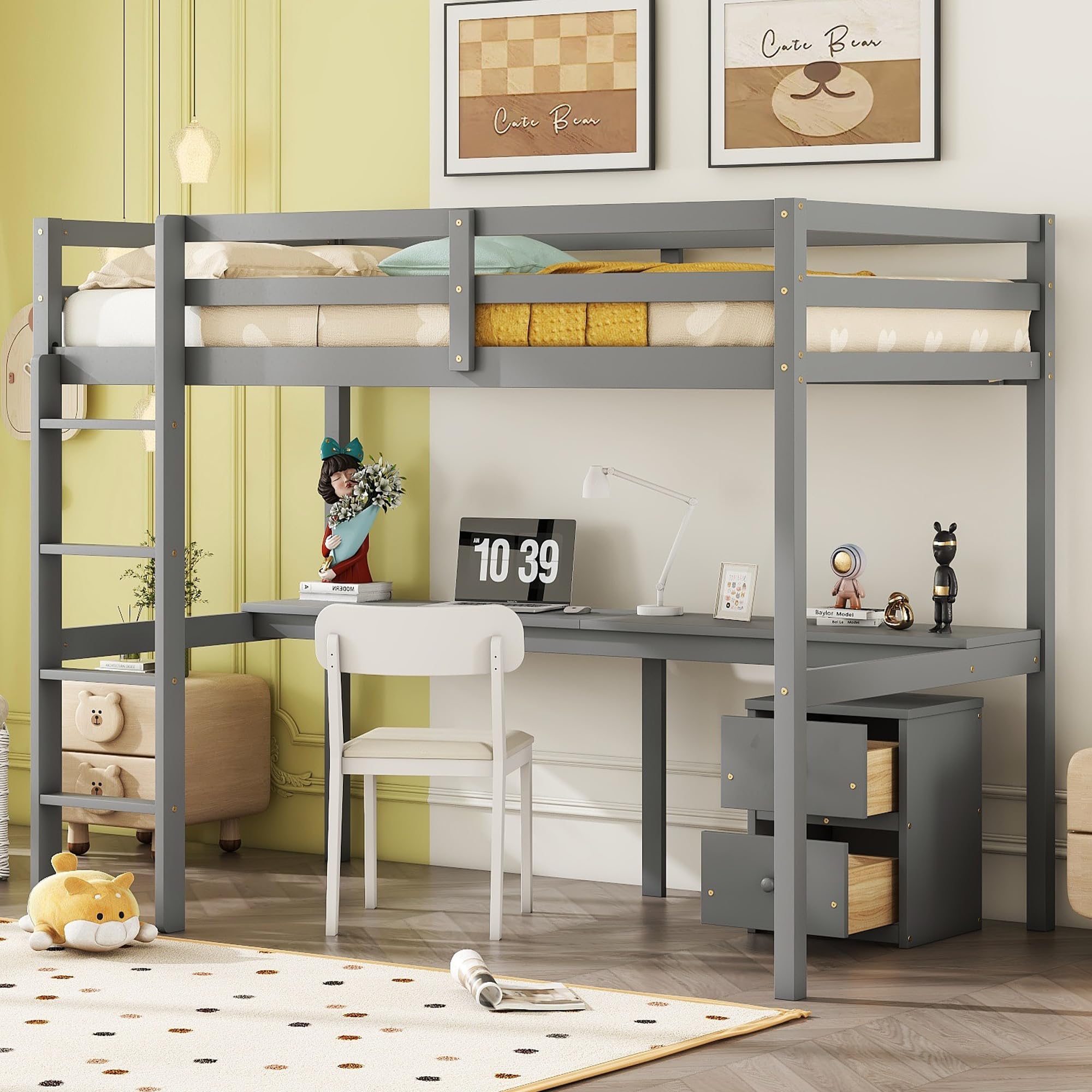 Merax Twin Size Wood Loft Bed with Built-in Desk, 2-Drawer Storage Cabinet, Guardrails & Ladder - Space Saving Bed for Small Bedroom, Dorm or Guest Room (Grey) - Perfect for Study, Sleep & Storage in Compact Spaces