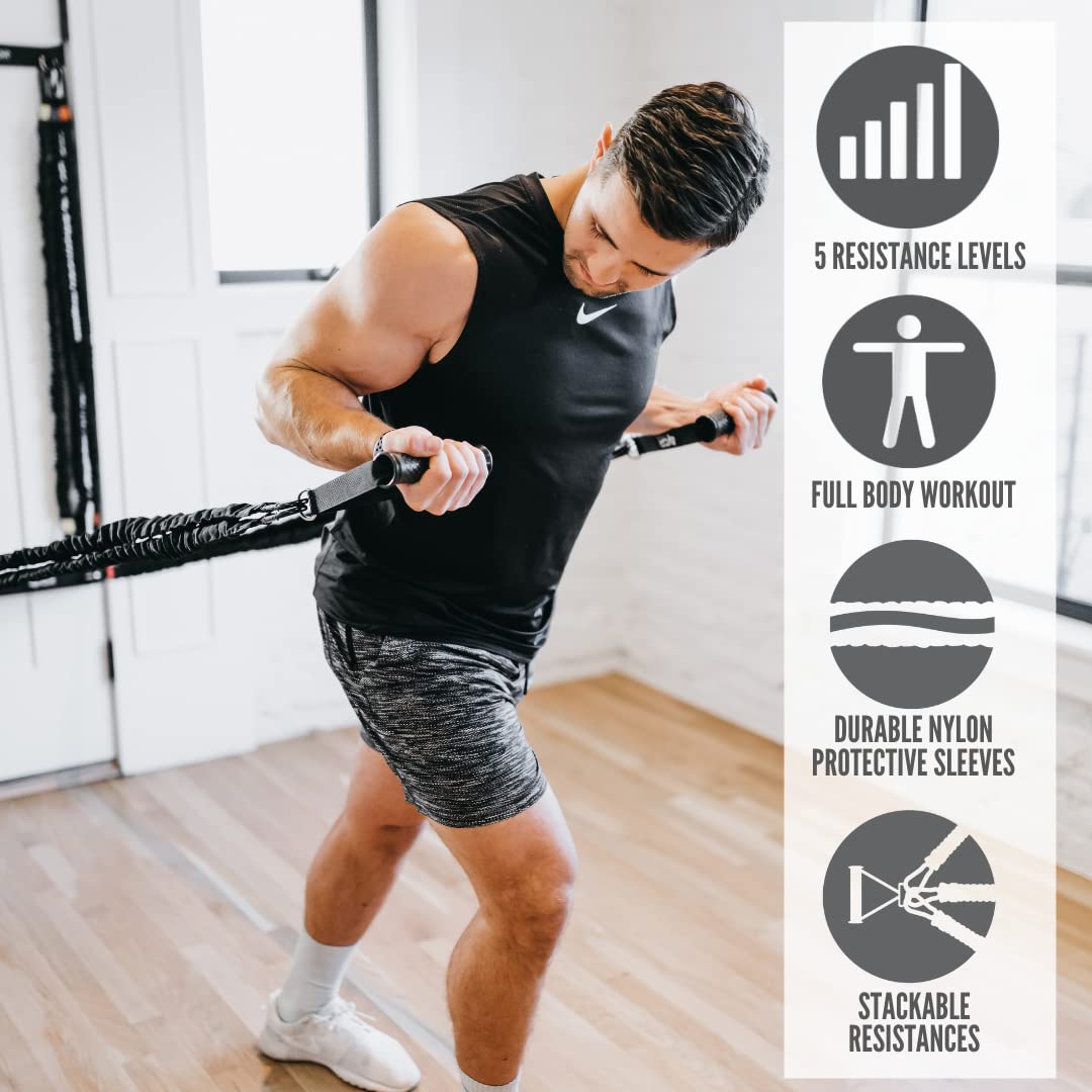4KOR Deluxe Adjustable Shoulder & Full Body Resistance Band System with Interchangeable Handles, Foot Straps - Home Gym Workout Equipment for Strength Training, Physical Therapy & Fitness - Includes Nylon Sleeves, Anchors & Carry Bag