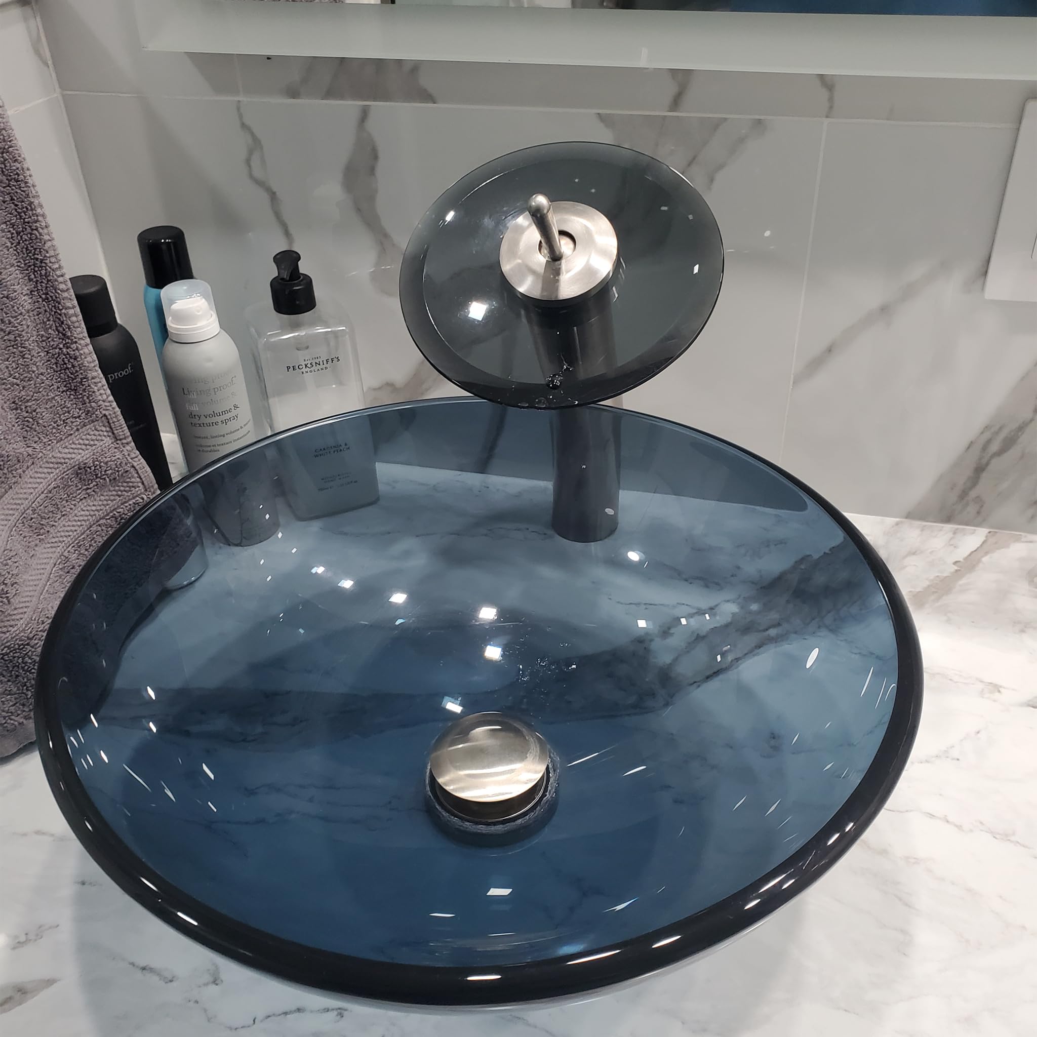 Novatto NERA Modern Glass Vessel Bathroom Sink Set - Brushed Nickel Faucet with Smoke Glass Basin | Perfect for Contemporary Bathroom Vanities, Powder Rooms & Spa-Style Bathroom Renovations