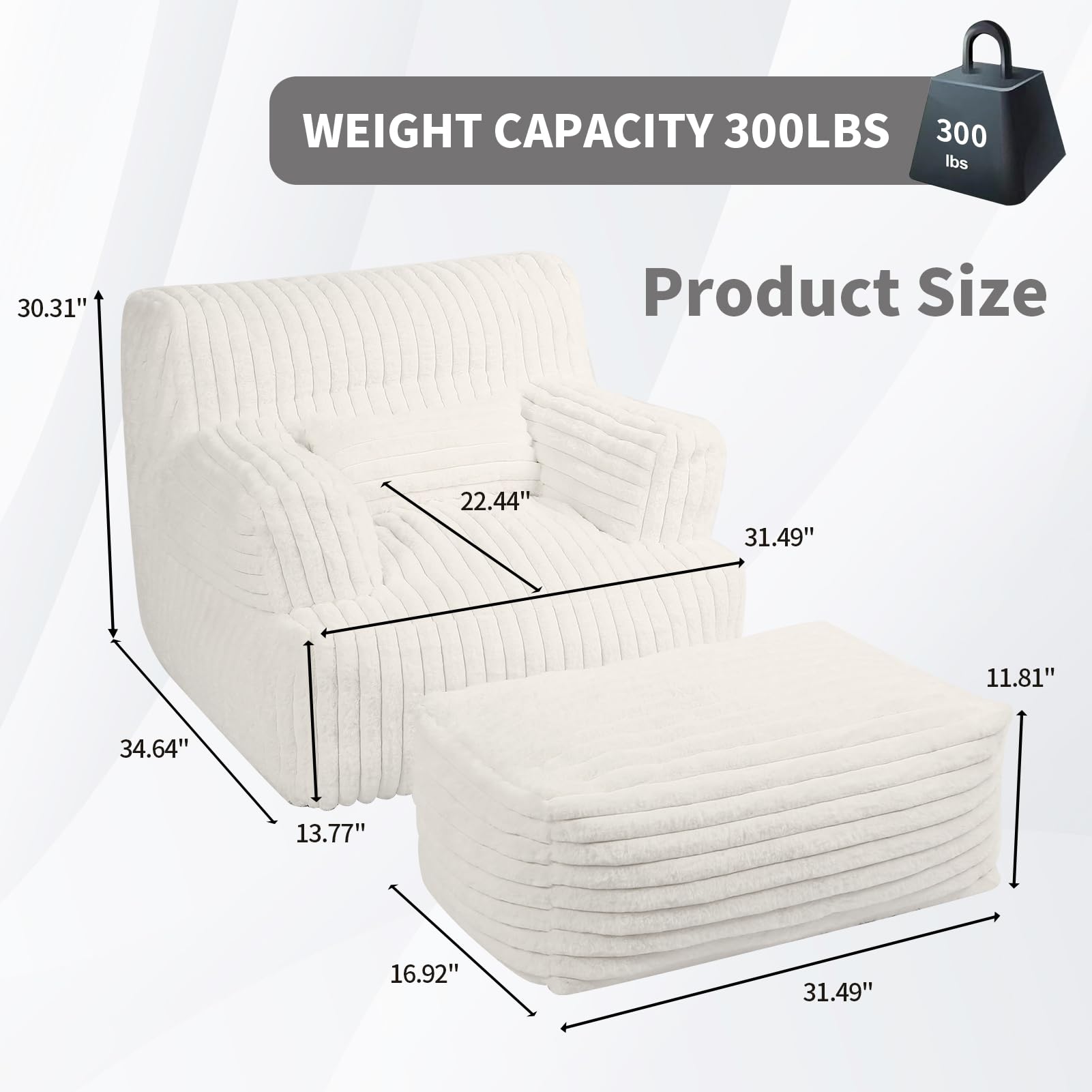 Giant Bean Bag Chair for Adults - Oversized Bean Bag Sofa with Ottoman, Ultra Soft & Comfy Reading Chair for Dorm, Living Room & Bedroom (Cream) | Perfect for Relaxing, Gaming & Movie Nights