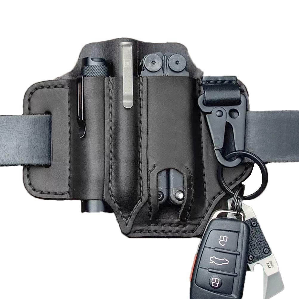 Premium Leather Multitool Sheath for Belt - EDC Pocket Organizer with Pen Holder, Key Fob & Flashlight Loop | Durable Men's Utility Pouch for Camping, Hiking & Everyday Carry (Black)