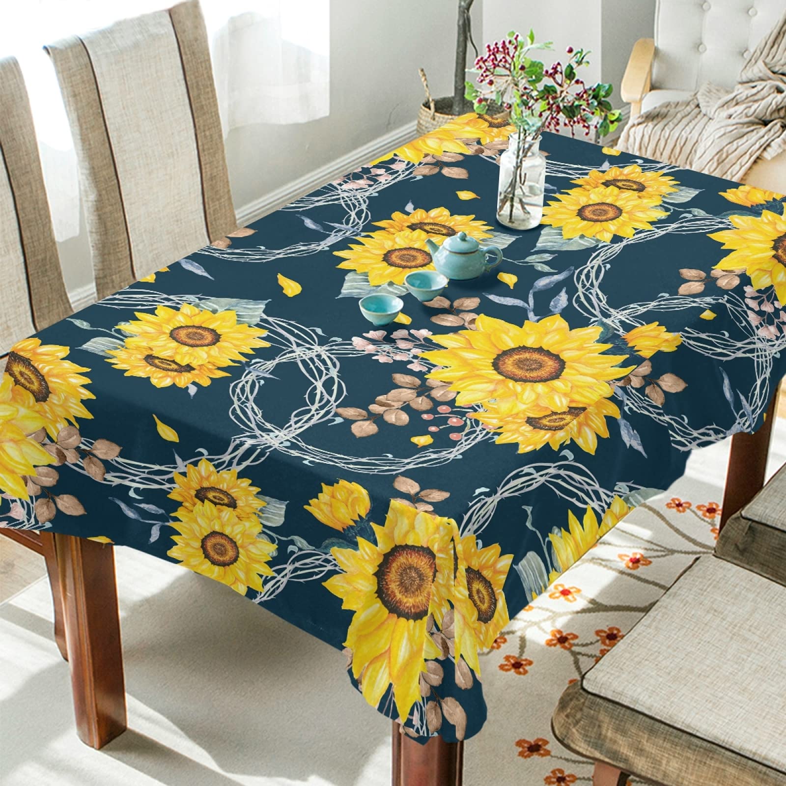 Yellow Sunflower Bouquet Table Decor for Parties - Navy Blue Polyester Rectangle Tablecloth 54 x 72 Inch - Perfect for Dinner Tables, Weddings & Home Decor