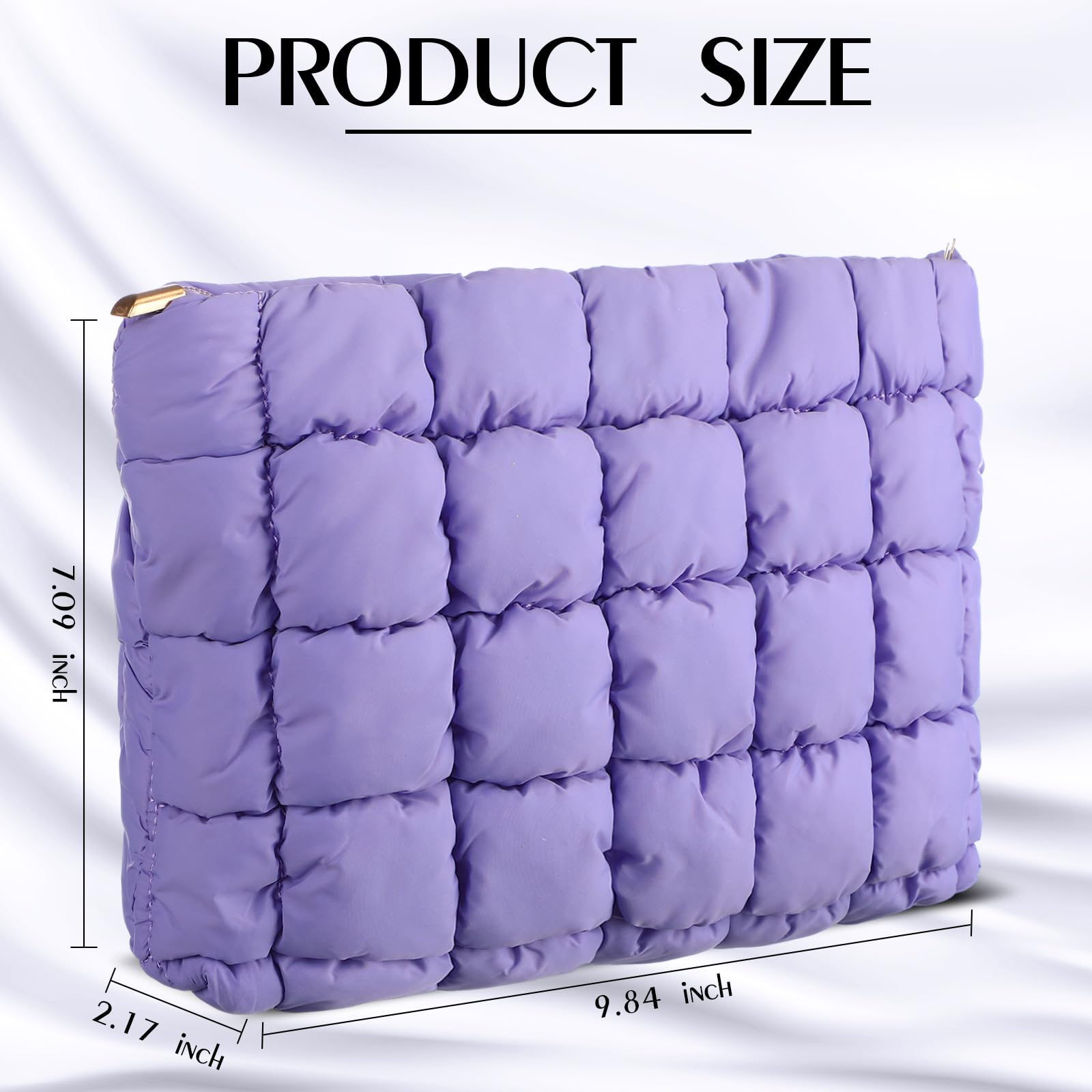 Hillban Puffy Quilted Makeup Bag - Cute Checkered Cosmetic Organizer for Travel & Brushes (Purple)