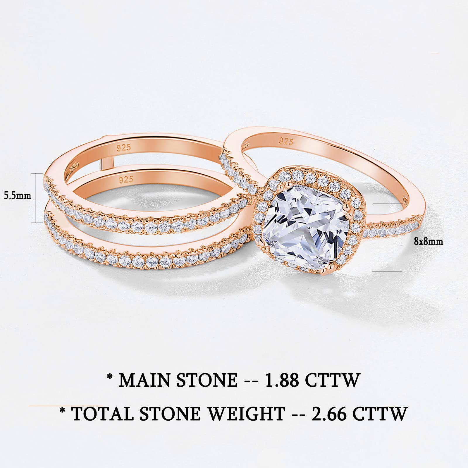 2.66CT Cushion Halo CZ Engagement Ring & Wedding Band Set for Women - 925 Sterling Silver Bridal Ring Enhancer - Size 4-12 - Perfect for Proposals, Anniversaries & Special Occasions