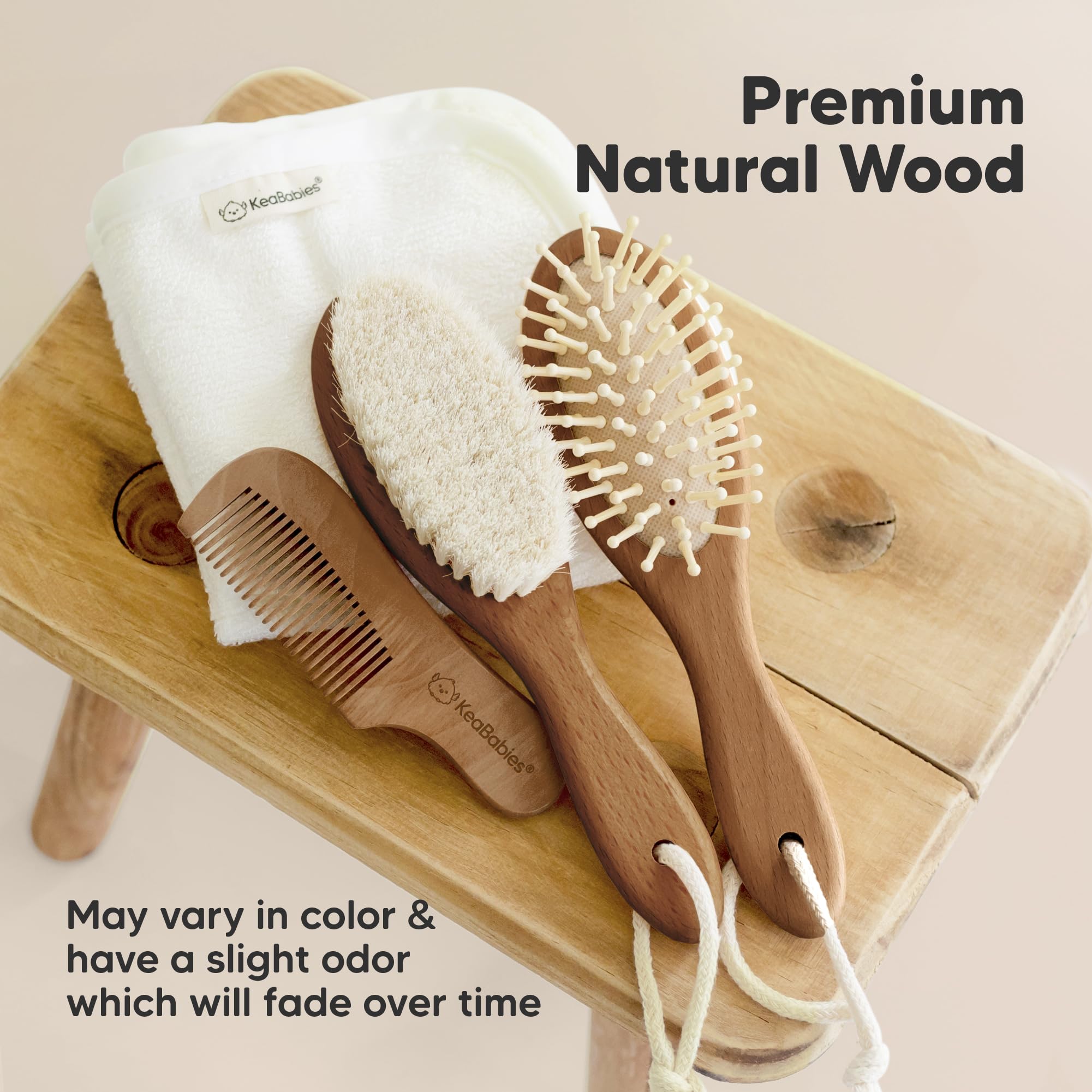 Wooden Baby Hair Brush & Comb Set for Newborns - Soft Goat Bristle for Gentle Hair Care at Home