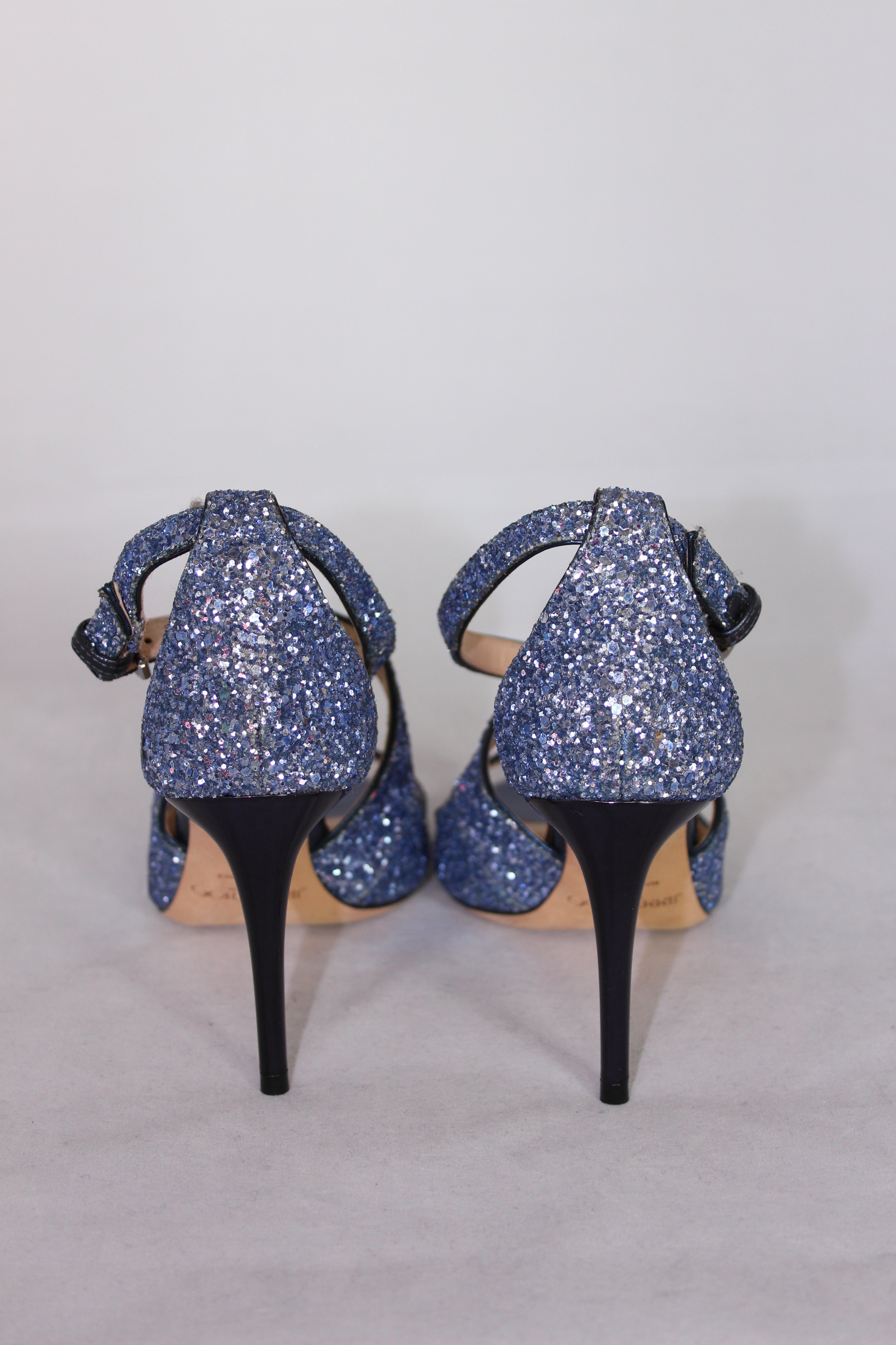 Jimmy Choo Blue Glitter Stiletto Heel Sandals - Size 35 | Elegant Evening & Party Shoes for Women