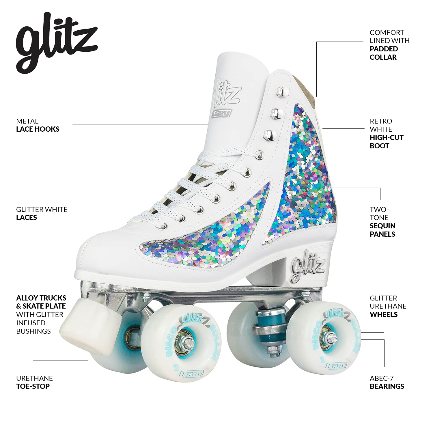 Crazy Skates Glitz Roller Skates for Women & Girls - Adjustable & Fixed Sizes | Sparkling Glitter Quad Skates for Rink, Park & Outdoor Skating | Roller Derby & Recreational Skating