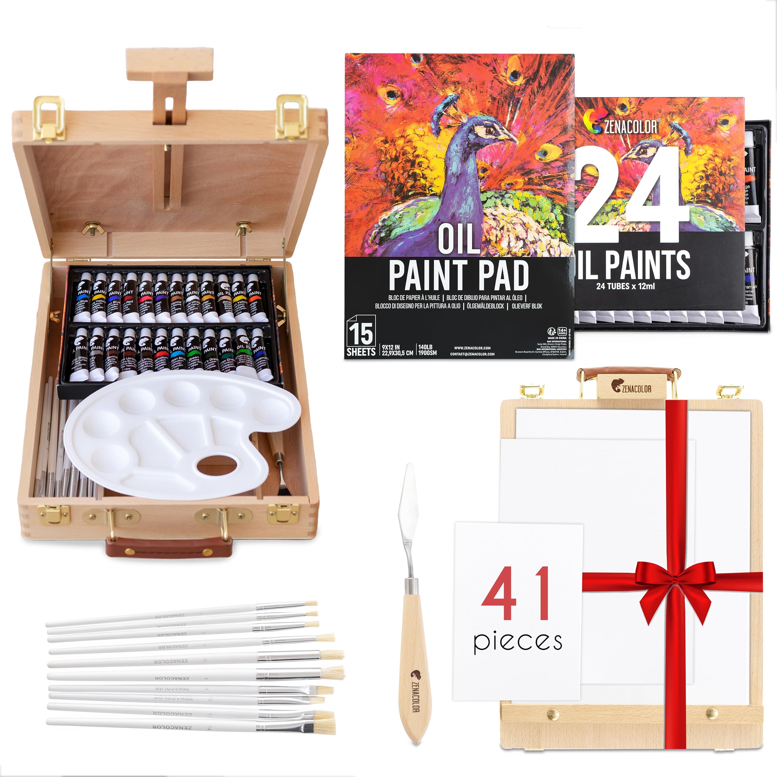 Professional Tabletop Easel & Complete Oil Painting Kit - 41 Premium Art Supplies (24 Oil Paints, 10 Brushes, 1 Palette Knife, 3 Canvases, 1 Sketch Pad, 1 Mixing Palette) - Perfect for Beginners, Artists & Home Decor Painting Projects