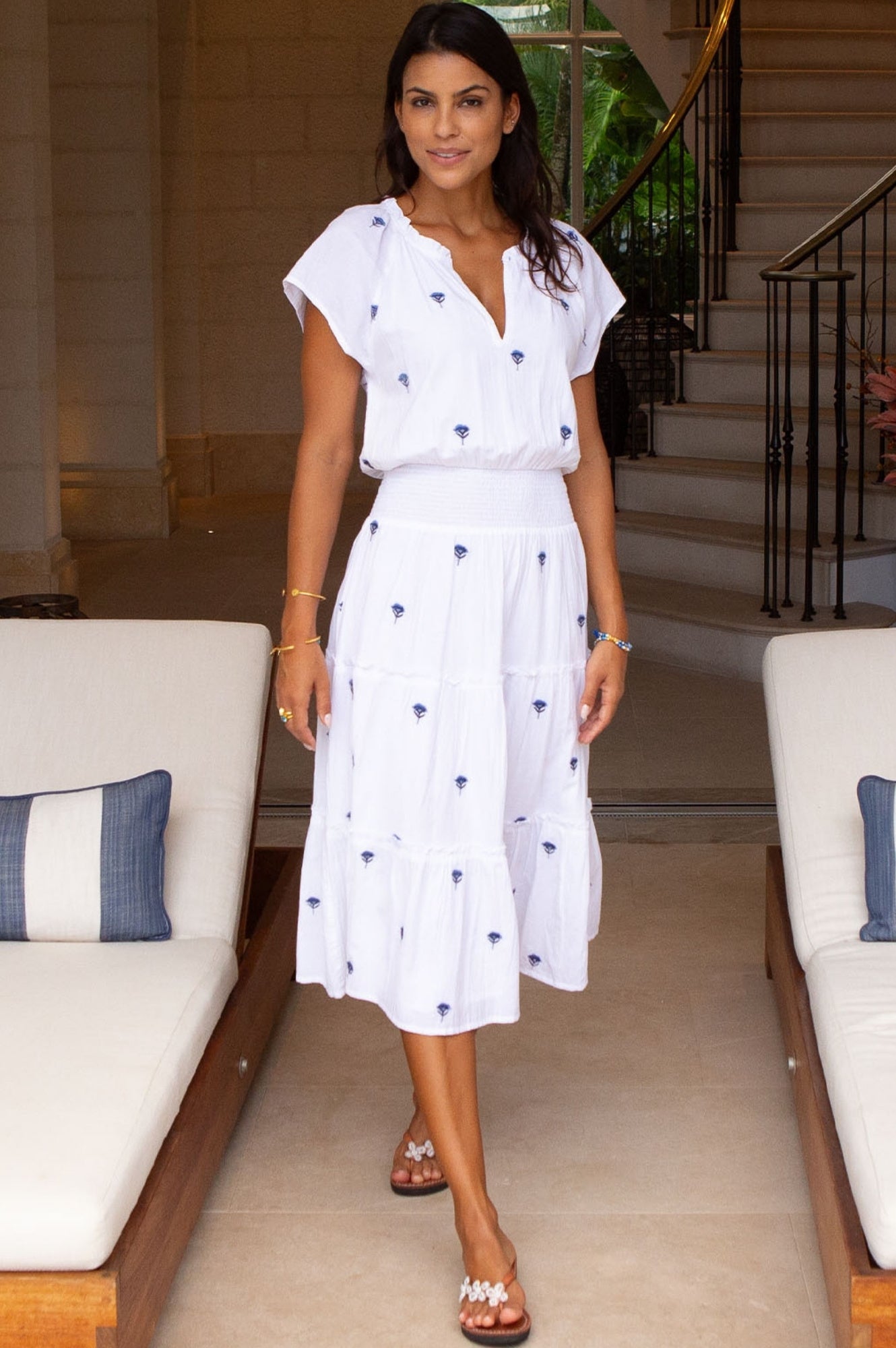 Riley Embroidered Organic Cotton Dress for Women - Soft & Breathable Summer Dress in White/Blue | Perfect for Beach, Vacation & Casual Outings