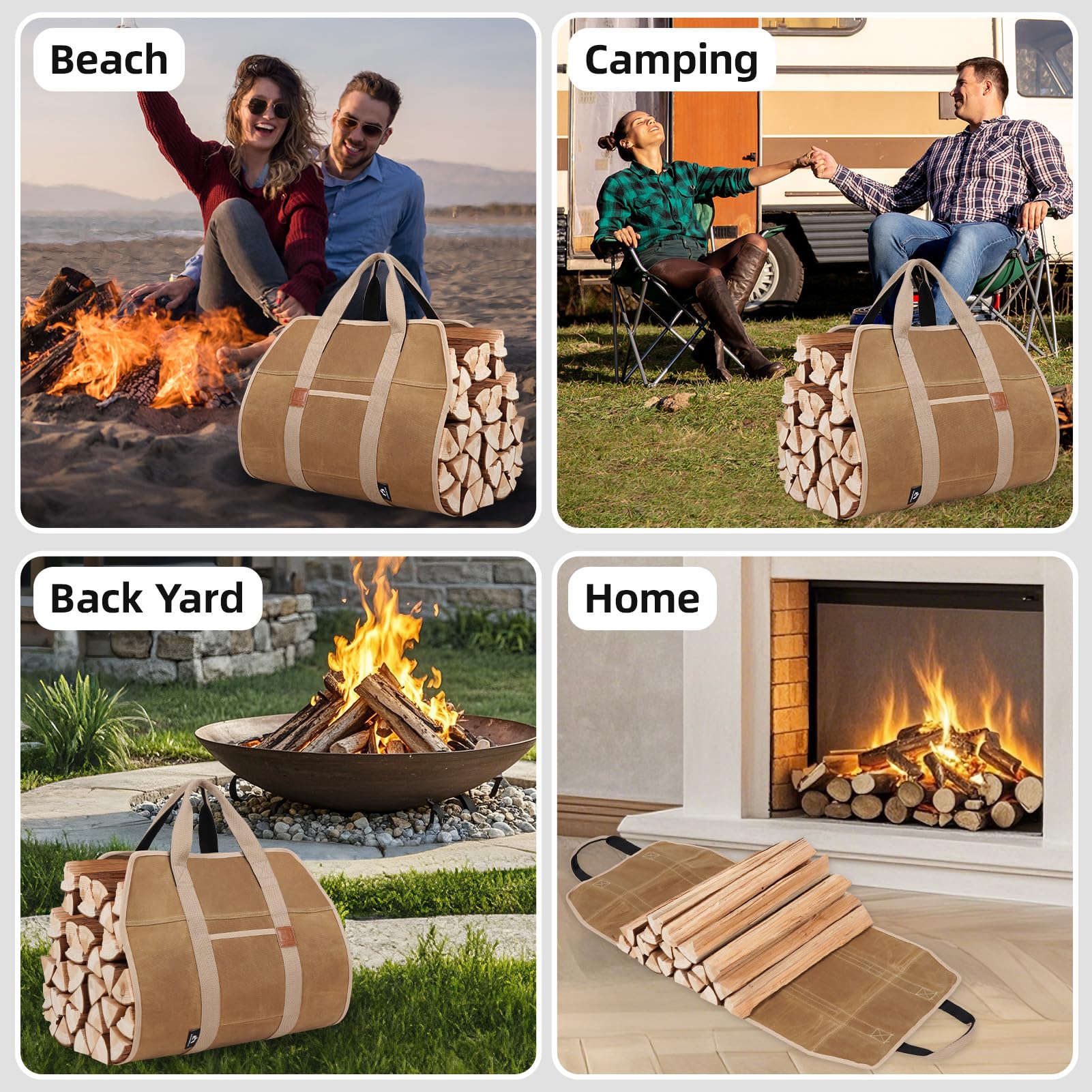 Heavy Duty Firewood Carrier with Handles - 39×18 Inch Waxed Canvas Log Tote Bag | Waterproof Firewood Holder for Camping, Fireplace & Indoor Use | Durable Wood Carrying Bag for Outdoor Adventures (Khaki) - Perfect for Camping Trips, Backyard Bonfires and Cozy Fireplace Nights