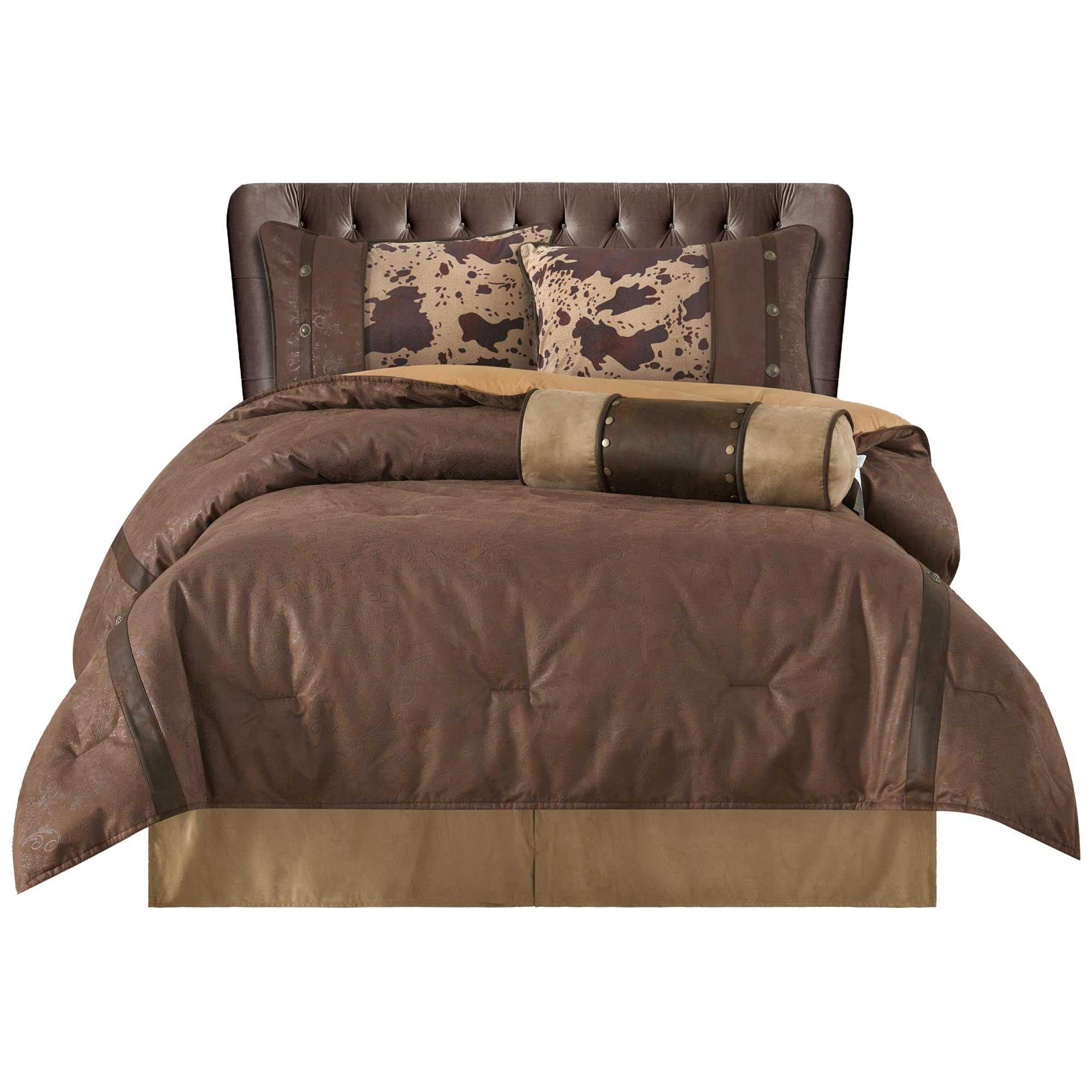 HiEnd Accents Caldwell 4-Piece Western Rustic Comforter Set - Faux Leather Twin Size Brown Cow Print Luxury Bedding (1 Comforter, 1 Bed Skirt, 1 Pillow Sham, 1 Neckroll) for Ranch, Cabin & Southwestern Home Decor