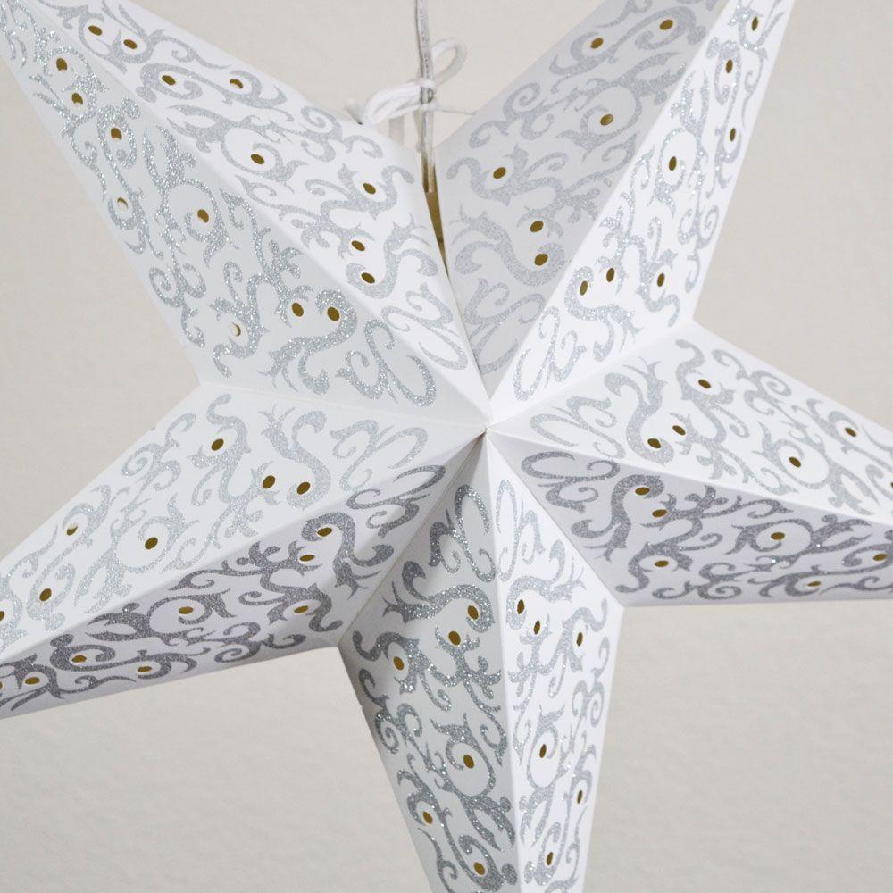 24 Silver Bramble Glitter Paper Star Lantern - Hanging Decorative Light for Christmas, Party, Wedding & Home Decor - Perfect for Indoor and Outdoor Festive Lighting