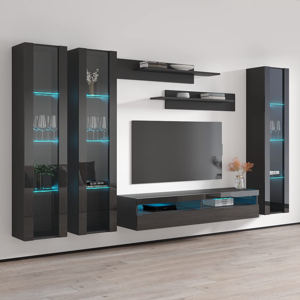 Modern Wall-Mounted TV Stand with Storage & LED Lights - Meble Fly C 35 Entertainment Center for Bedroom & Living Room - Floating TV Console with Shelves (Gray, CD2) - Perfect for Small Spaces & Home Theater Setup