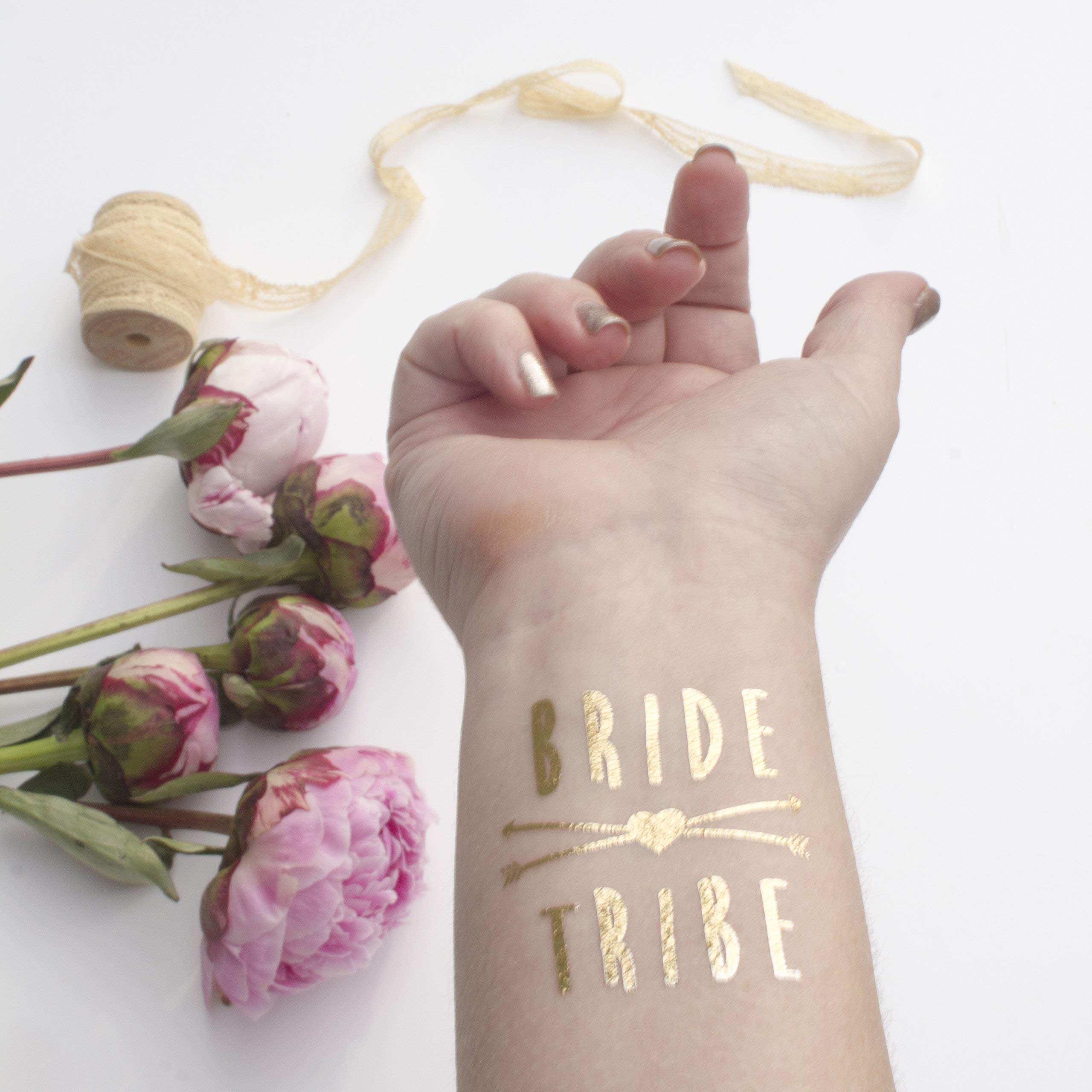 Gold Bride Tribe Temporary Tattoos - Waterproof Fake Tattoos for Women, Henna Style Body Art for Bachelorette Parties, Weddings & Festivals