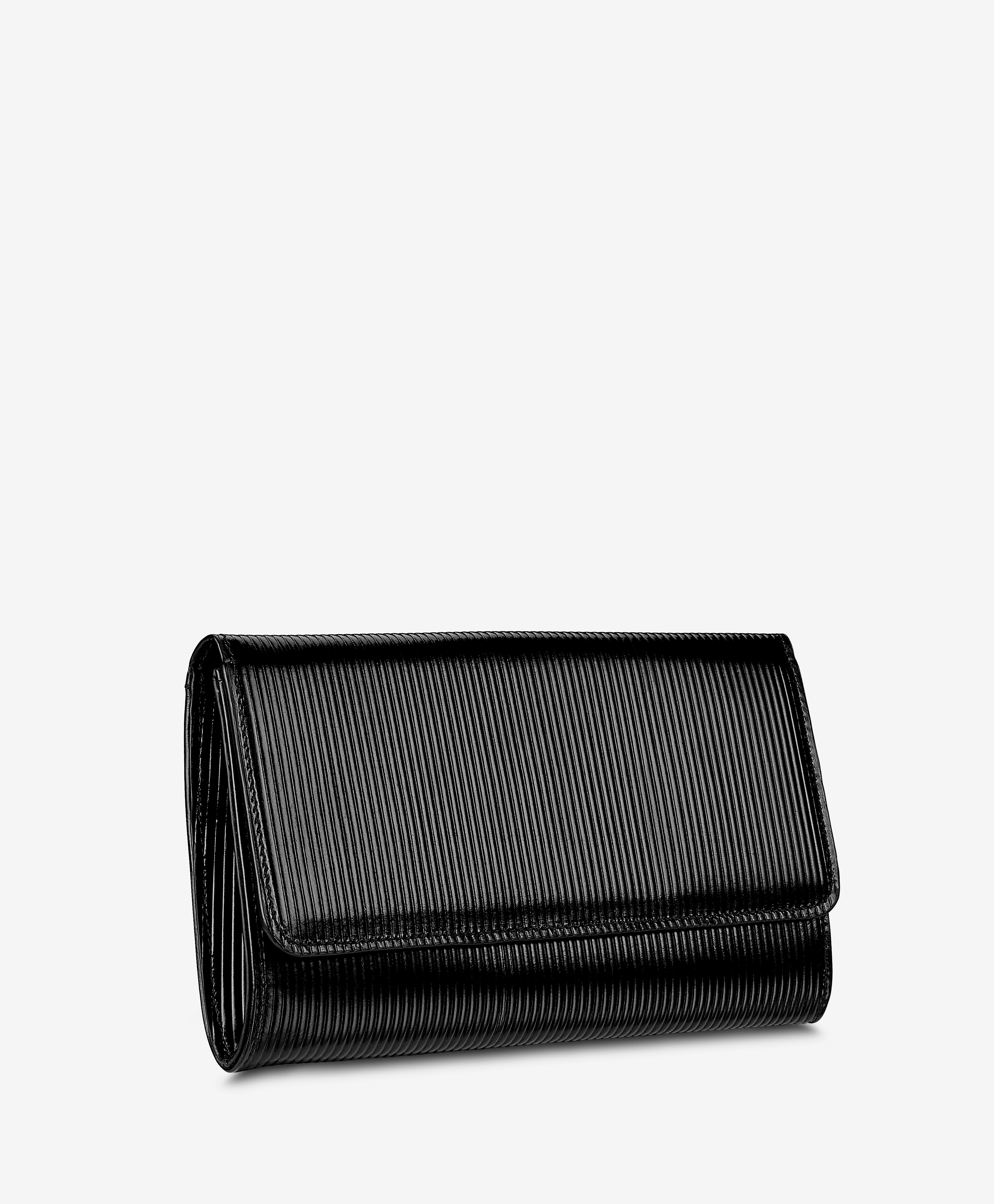 Bianca Black Embossed Stripe Leather Clutch Purse for Women - Elegant Evening Bag for Parties, Weddings & Special Occasions