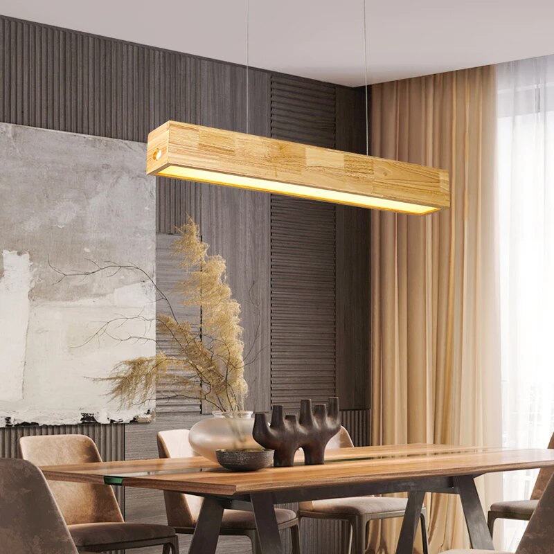 Handcrafted Walnut Wood Rectangular Hanging Light Fixture - Modern Farmhouse Pendant Lighting for Dining Room, Kitchen Island & Bedroom
