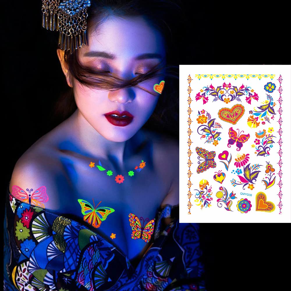 UV Glow Neon Temporary Tattoos - Waterproof Fake Body Art Stickers for Women & Men (21x15cm) | Hearts, Flowers, Butterflies & Armband Designs | Perfect for Parties, Festivals & Body Art Photography