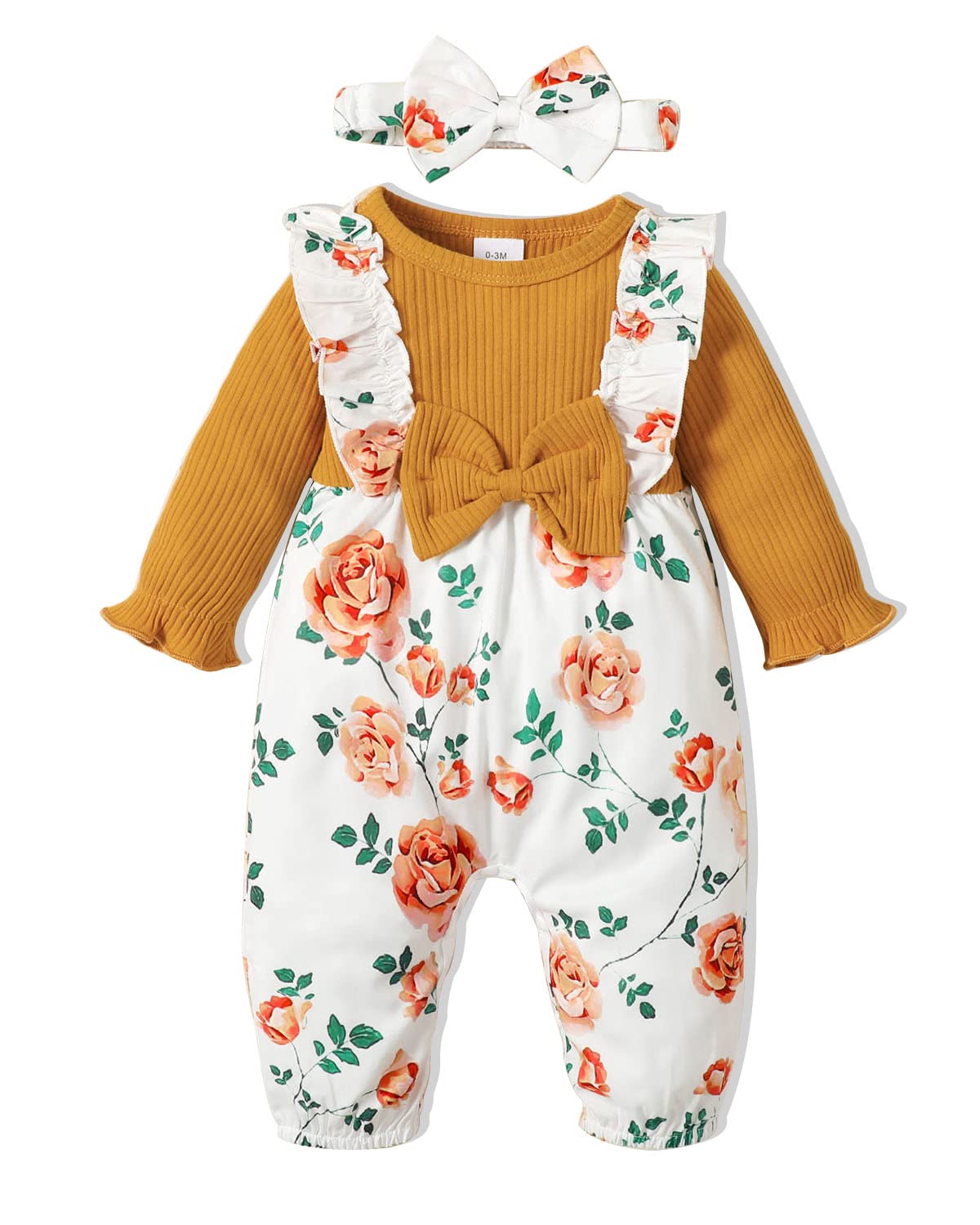 Newborn Baby Girl Clothes - Long Sleeve Floral Romper Jumpsuit with Suspenders | Cute Outfits for Infant Girls | Perfect for Photo Shoots, Parties & Everyday Wear