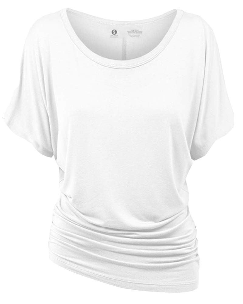 Women's Short Sleeve Boat Neck Side Shirring Dolman Drape Top - Flowy Casual Blouse for Summer, Beach & Everyday Wear