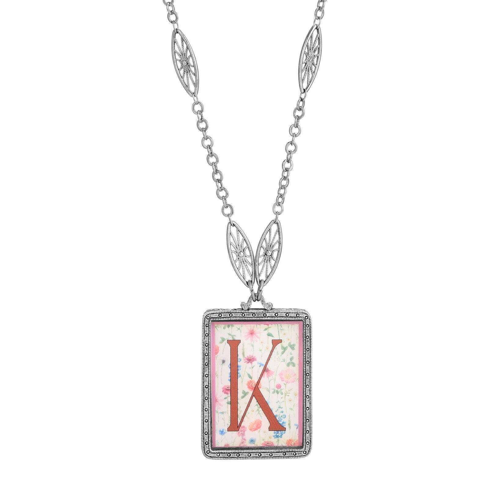 1928 Jewelry Pink Floral Initial Pendant Necklace - 30 Inch Gold Plated Chain, Personalized Name Letter Necklace for Women, Perfect Gift for Birthday, Anniversary & Valentine's Day
