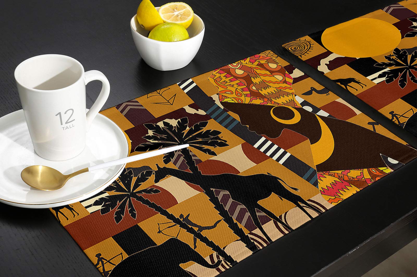 Set of 4 Black Women Placemats - African Animal Giraffe Elephant Design, Washable Dining Table Mats for Kitchen & Dinner Room Decor, Perfect for Family Gatherings & Special Occasions