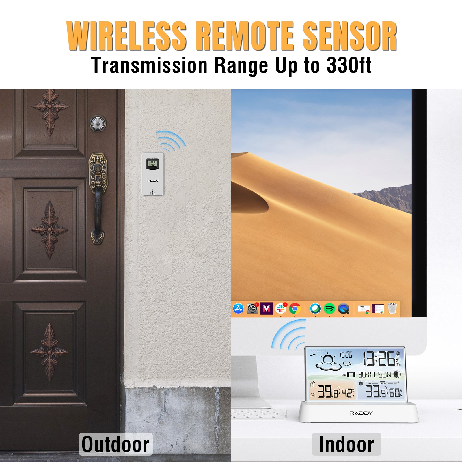 Raddy DT6 Wireless Weather Station with Indoor Outdoor Temperature Humidity Monitor, Dual Alarm Clock, Adjustable Backlight - Perfect for Home, Office, Bedroom & Nursery