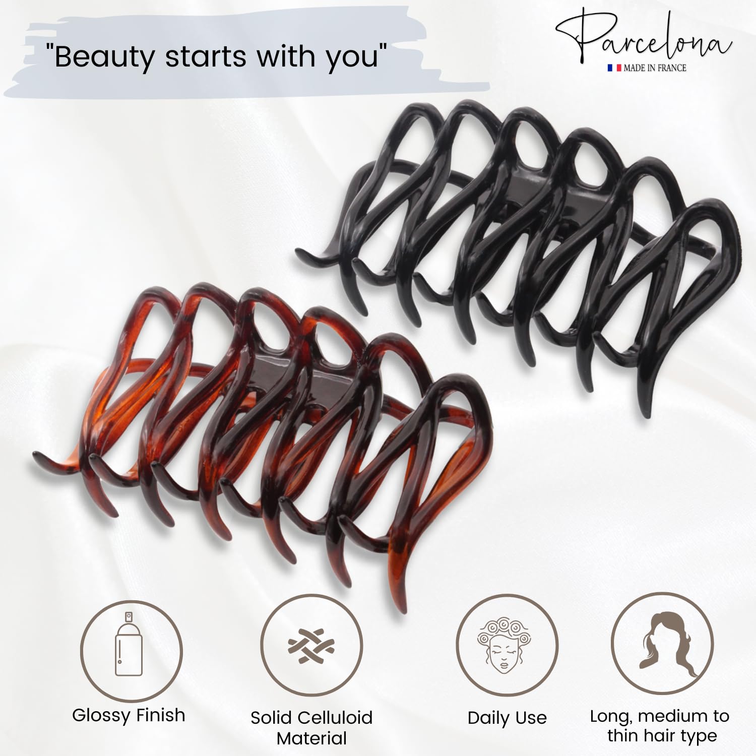 French Denetelle Hair Claw Clips for Women - 2 Pack Shell & Black Hair Clips for Medium to Thick Hair, Secure Hold for Updos, Ponytails & Buns - 3.5 Inch Hair Accessories for Daily Use, Work & Special Occasions