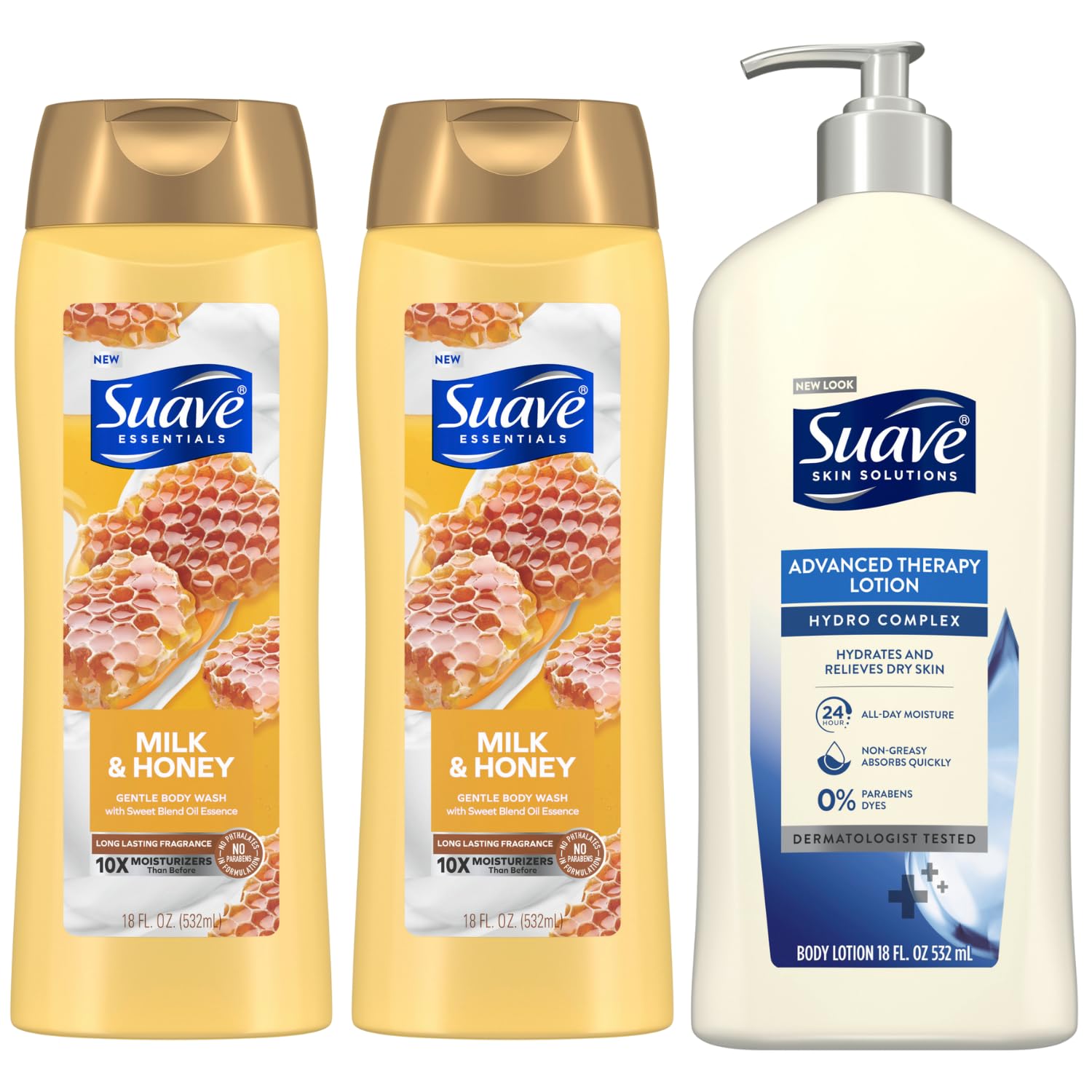 Suave Milk & Honey Gentle Body Wash with Vitamin E + Hydro Complex Advanced Therapy Lotion 2-Pack Bundle, 18 Oz Each – Hydrating & Nourishing for Dry Skin – Perfect for Daily Shower & Post-Workout Care