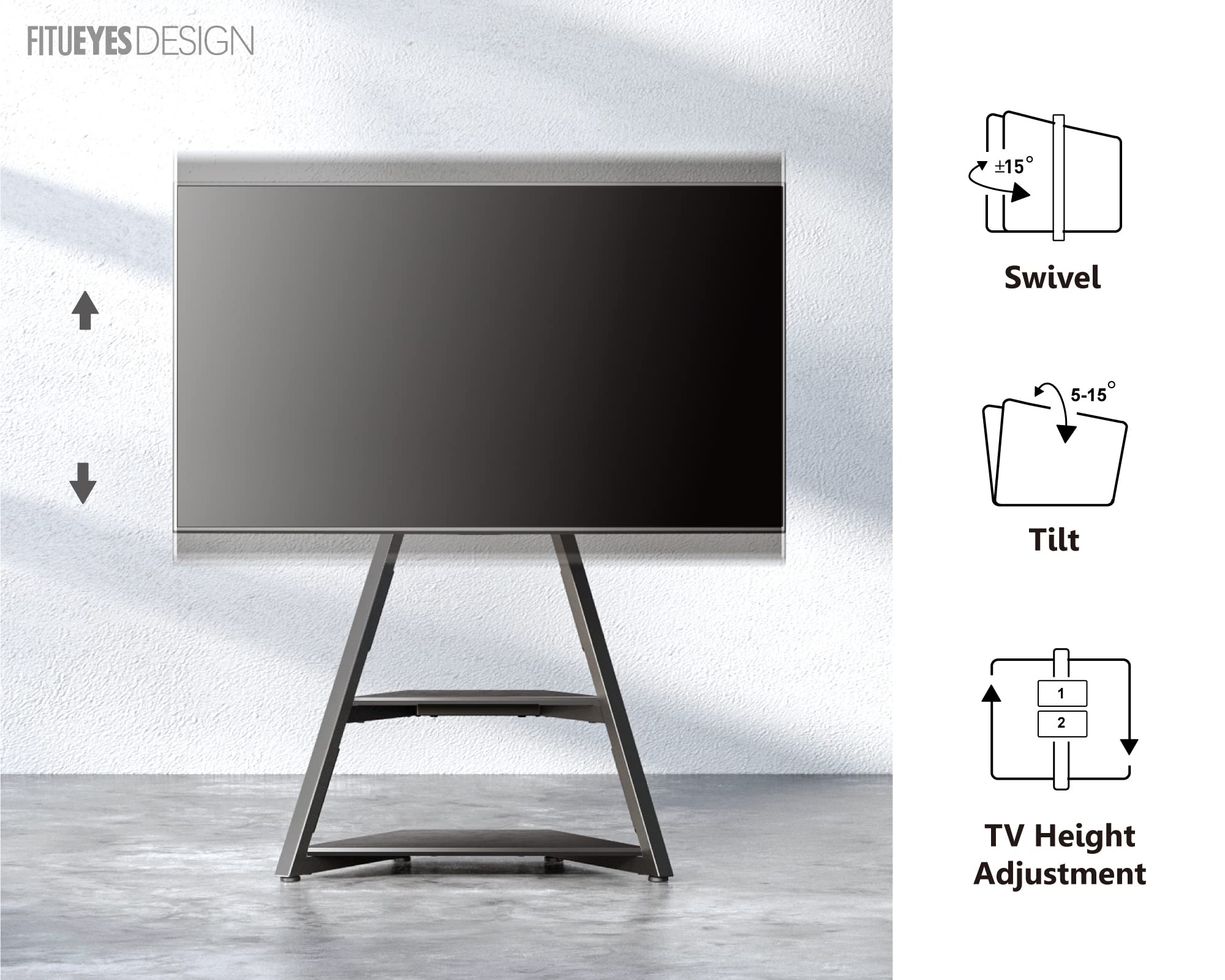 FITUEYES Adjustable Corner TV Stand with Wheels - 2 Shelves for 32-65 Inch TVs, Height Adjustable (946-1076mm), 40KG Capacity, ±15° Swivel - Perfect for Living Room, Bedroom & Office Use