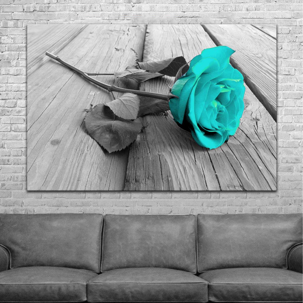 Modern Floral Canvas Wall Art - Black White Teal Rose Flower on Grey Wooden Board, Stretched & Framed Ready to Hang | Home Decor for Living Room, Bedroom, Bathroom | Perfect for Farmhouse, Boho & Contemporary Interior Design