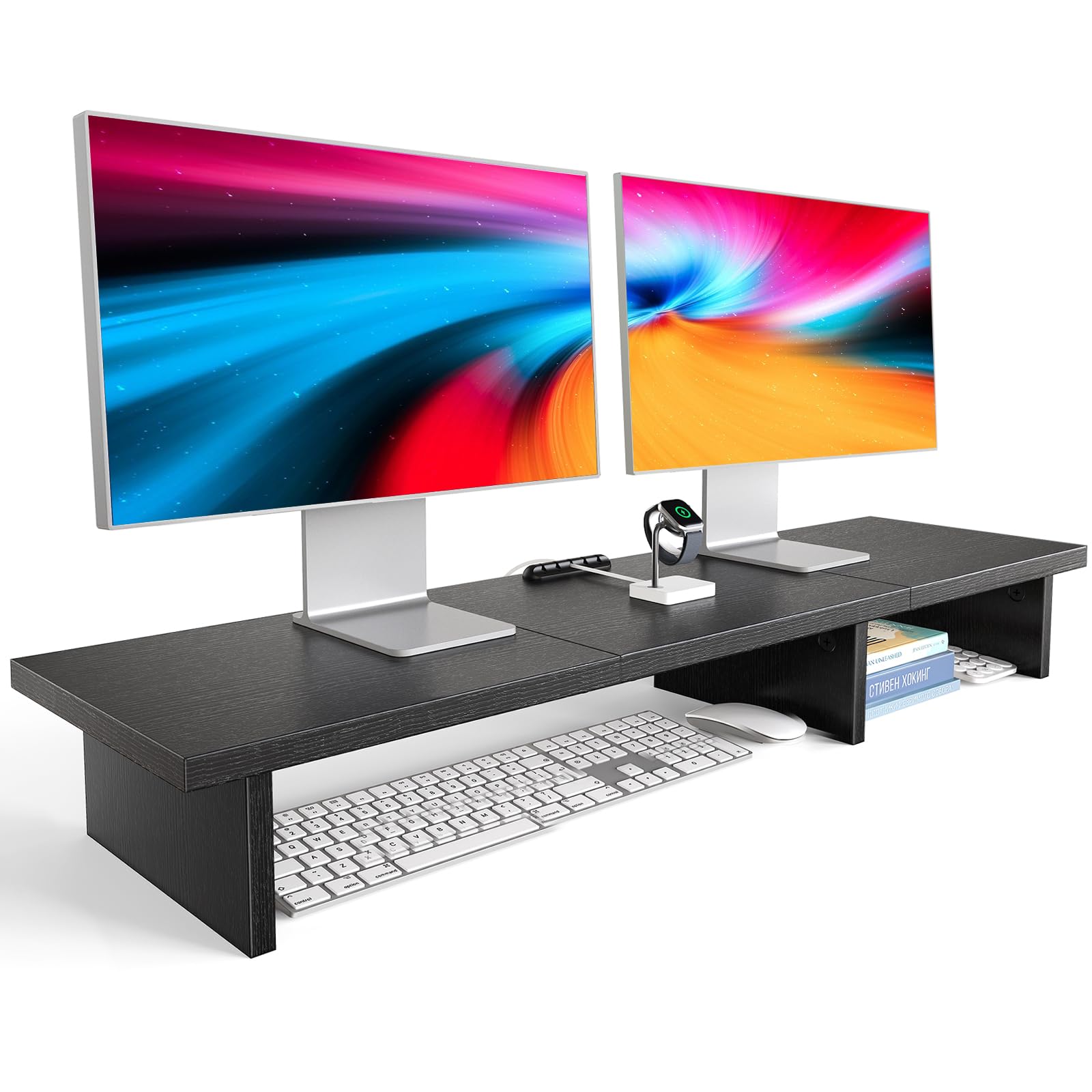 HUANUO Dual Monitor Stand Riser with Cable Management - Adjustable Desktop Organizer Shelf for 2 Monitors, Computer, Laptop, Printer, TV - Perfect for Home Office, Gaming Setup, and Workspace Organization