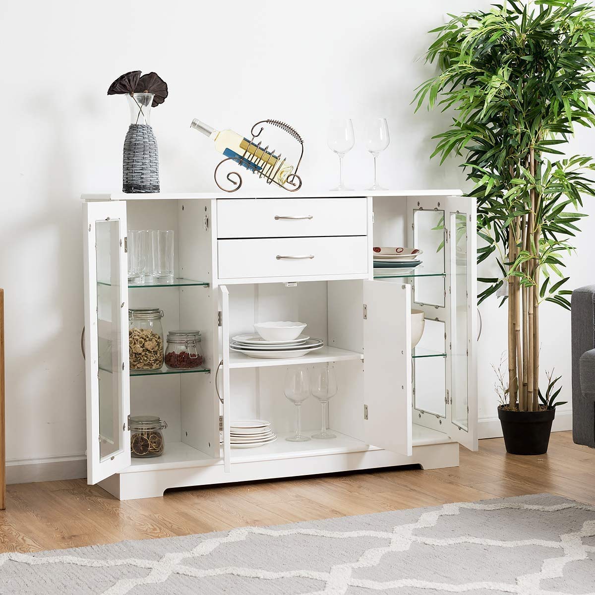 Moccha White Sideboard Buffet Cabinet with Adjustable Shelves & 2 Drawers - Kitchen Storage Cupboard with Glass Door for Dining Room, Living Room, Hallway - Perfect for Entertaining Guests & Organizing Dishes