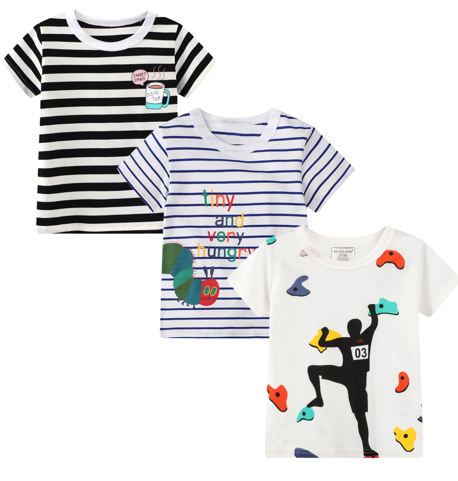 HILEELANG Boys Long Sleeve Graphic Cotton T-Shirts 3 Pack - Soft Crewneck Casual Tee Set for School, Play & Everyday Wear