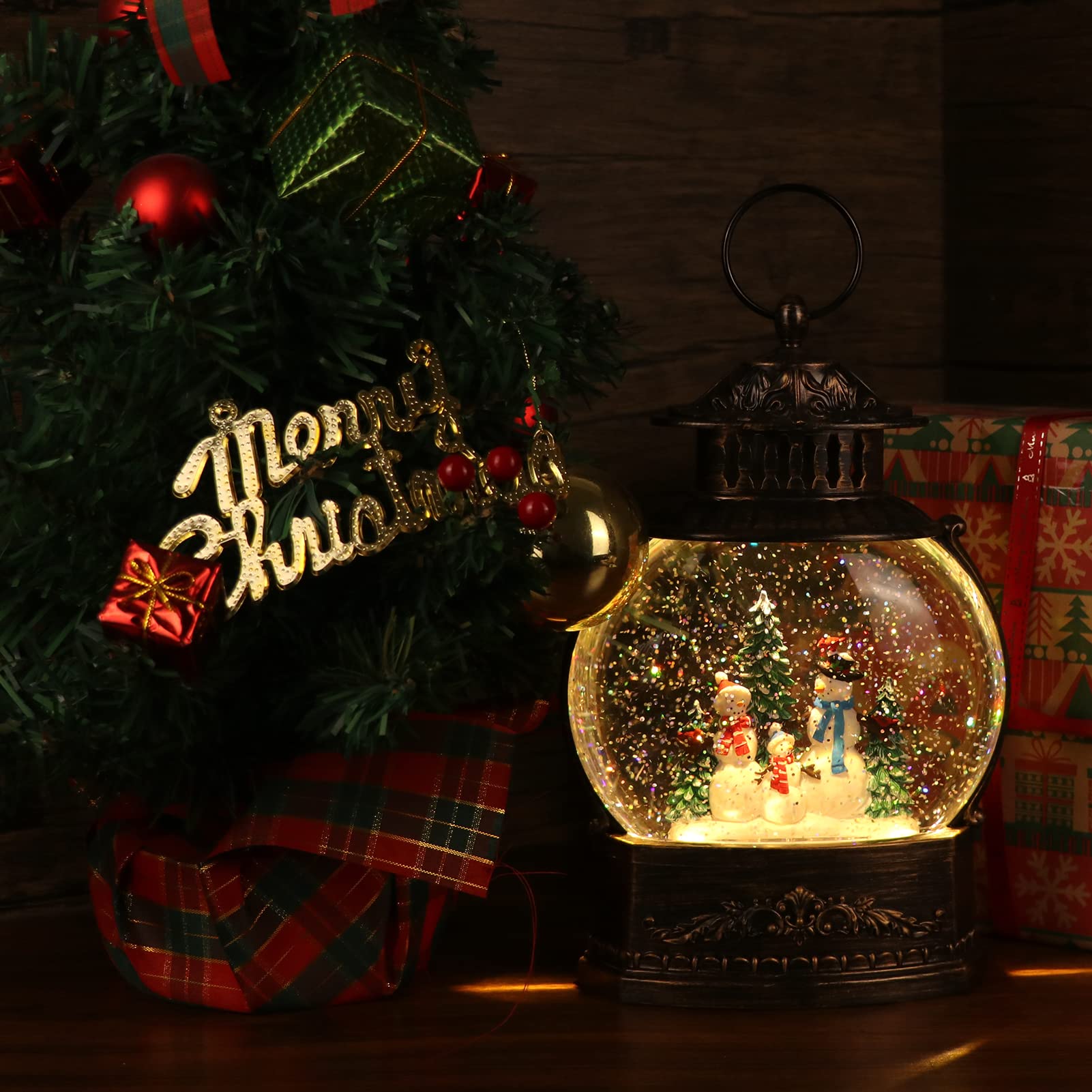 11.2 Inch USB/Battery Powered Rotating Snow Globe Lantern with Timer - Christmas Snowman Decor with Water Glitter & Music - Perfect for Holiday Home Decor, Gift Giving & Winter Tabletop Displays