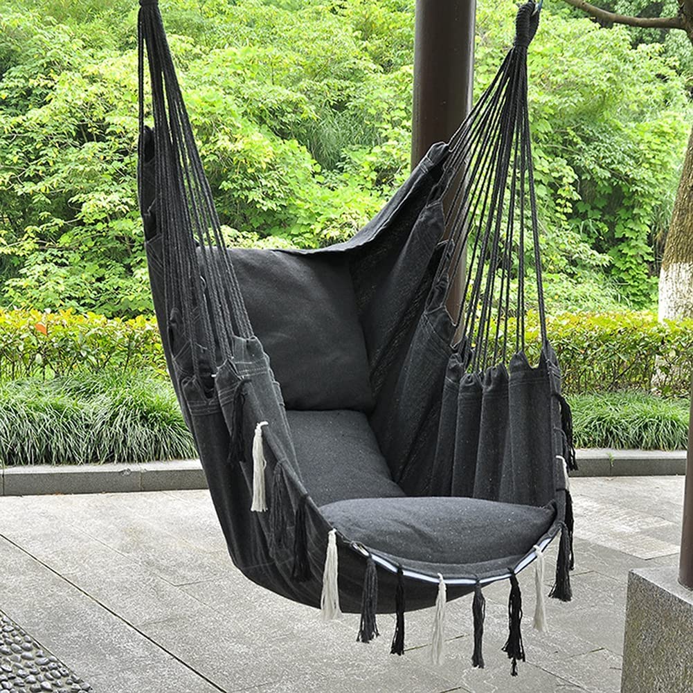 Outdoor Hanging Swing Chair - Portable Cotton Weave Hammock Seat for Garden, Patio, Bedroom - Indoor/Outdoor Comfort Rope Swing - Perfect for Relaxing, Camping & Backyard Lounging (Gray)