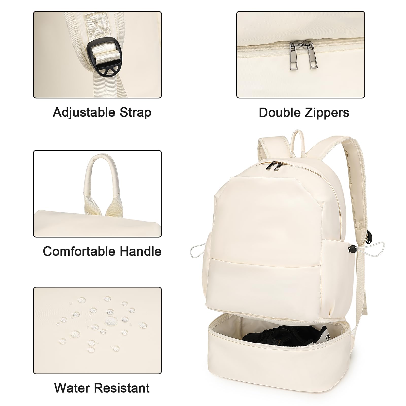 seyfocnia Women's Waterproof Gym Backpack with Shoe Compartment - Lightweight Sports Backpack for Travel, Workout & Daily Use - Casual Daypack for Women (Beige)