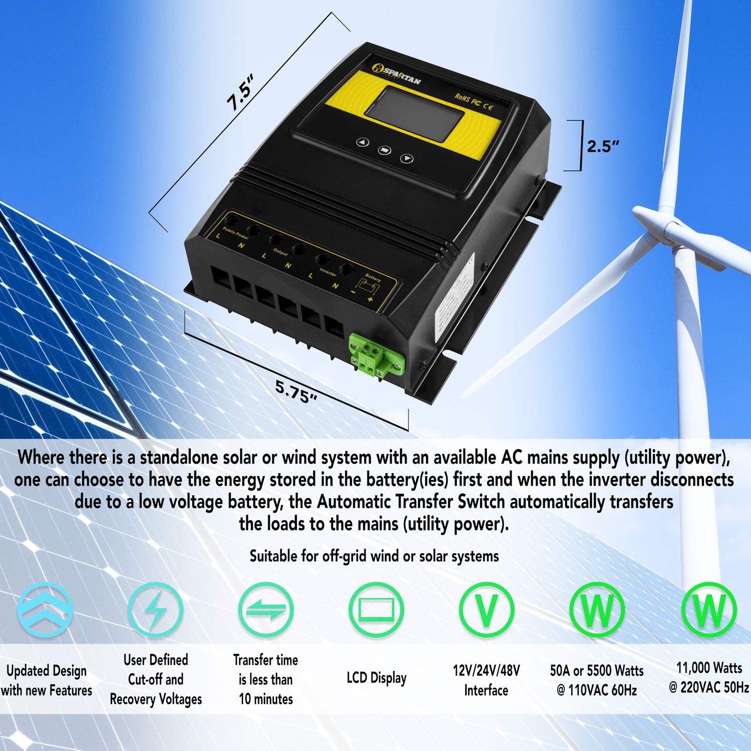Spartan Power 50A 5500 Watt Automatic Transfer Switch for Solar & Wind Off Grid Systems - Perfect for Home Backup Power, RV, and Emergency Power Outages