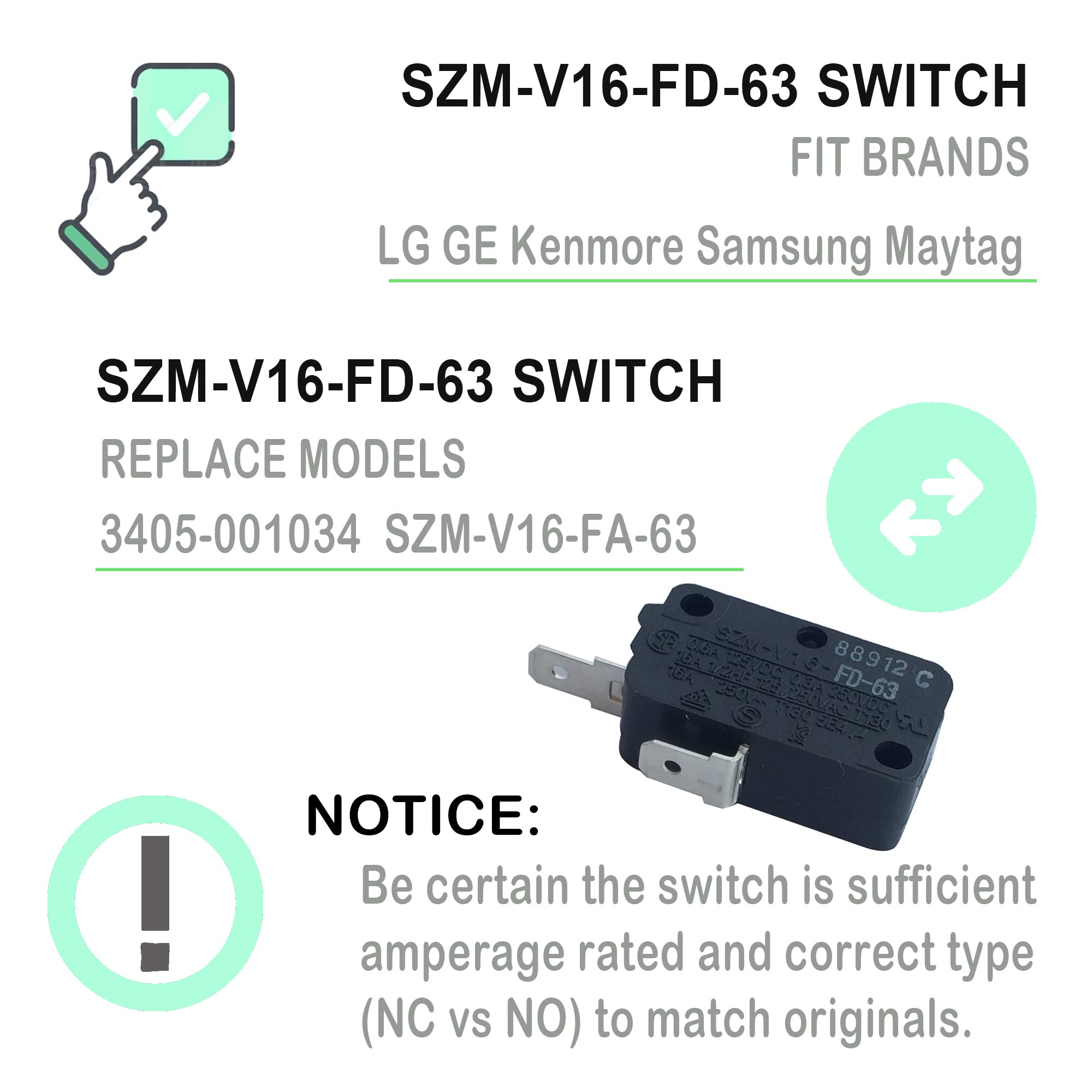 LONYE SZM-V16-FD-63 Microwave Oven Door Micro Switch Replacement for LG GE Starion Microwave 3405-001034 (Normally Open) - Compatible with Multiple Microwave Models - Perfect for DIY Repair and Maintenance (1 Pc)