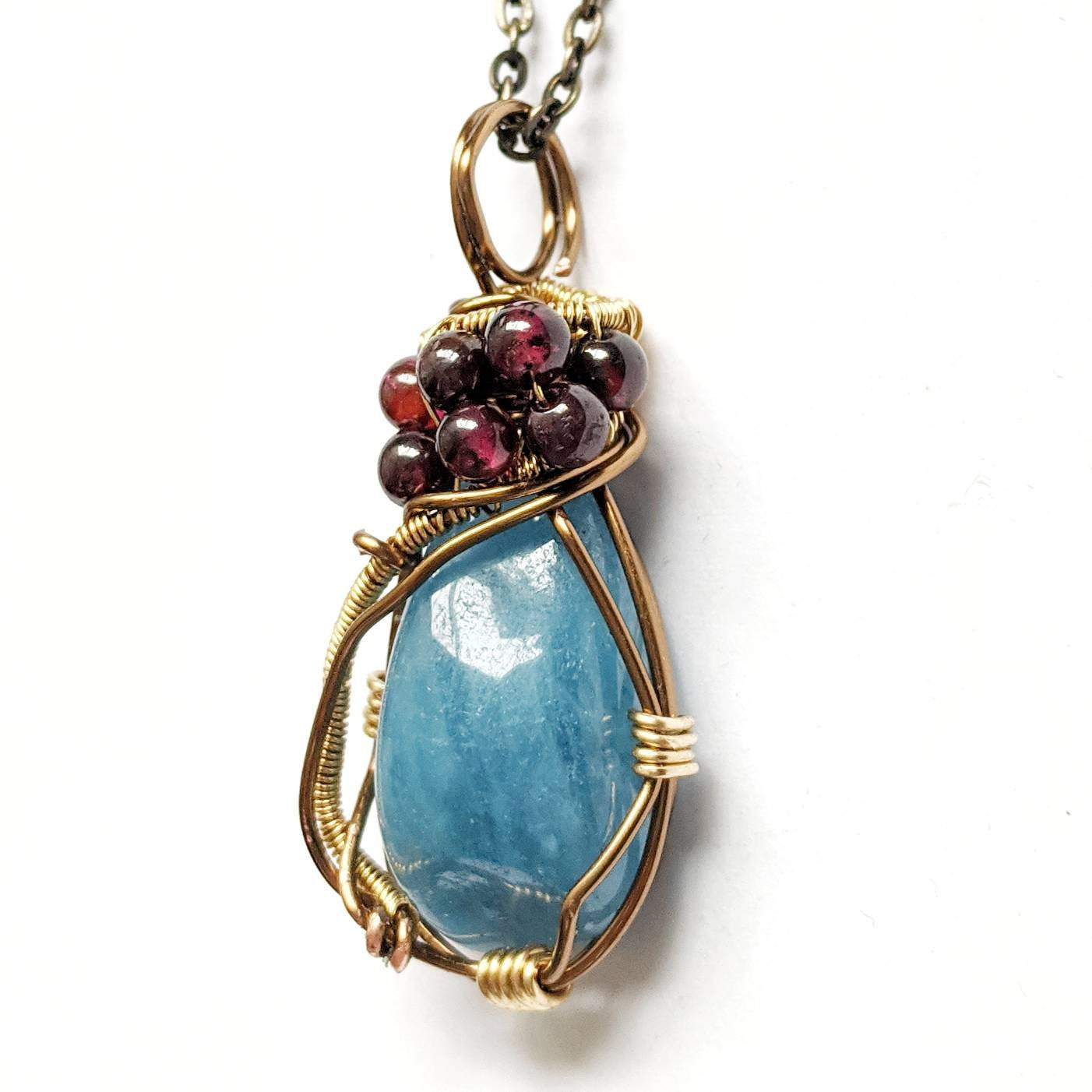 Antique Bronze Aquamarine and Garnet Necklace for Women - Elegant Vintage Jewelry Gift for Birthday, Anniversary & Special Occasions