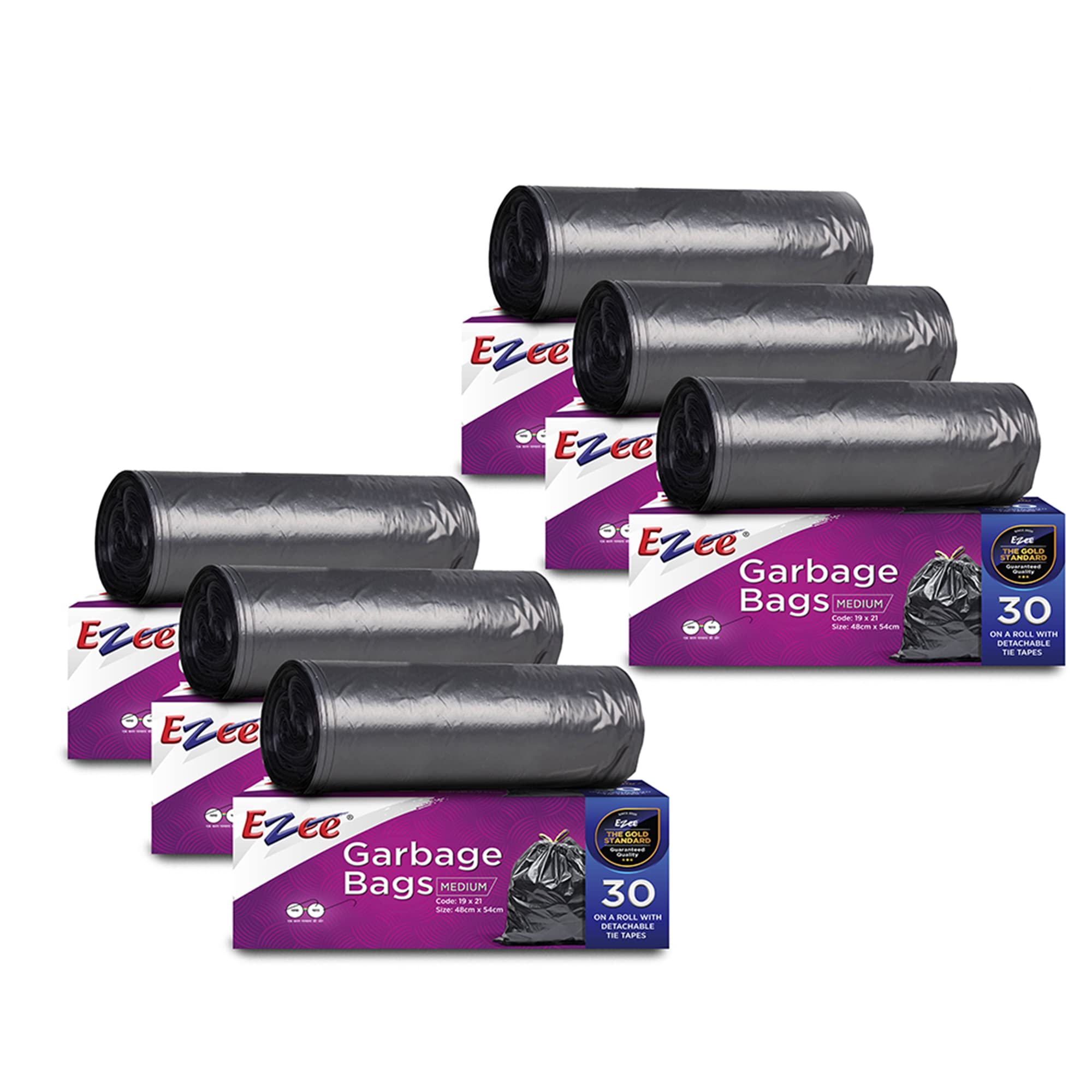 Ezee Heavy Duty Garbage Bags - 48x54cm (6 Rolls, 180 Count) | Medium Black Plastic Trash Bags for Kitchen, Bathroom & Outdoor Use | Durable & Leak-Proof Waste Disposal Solution